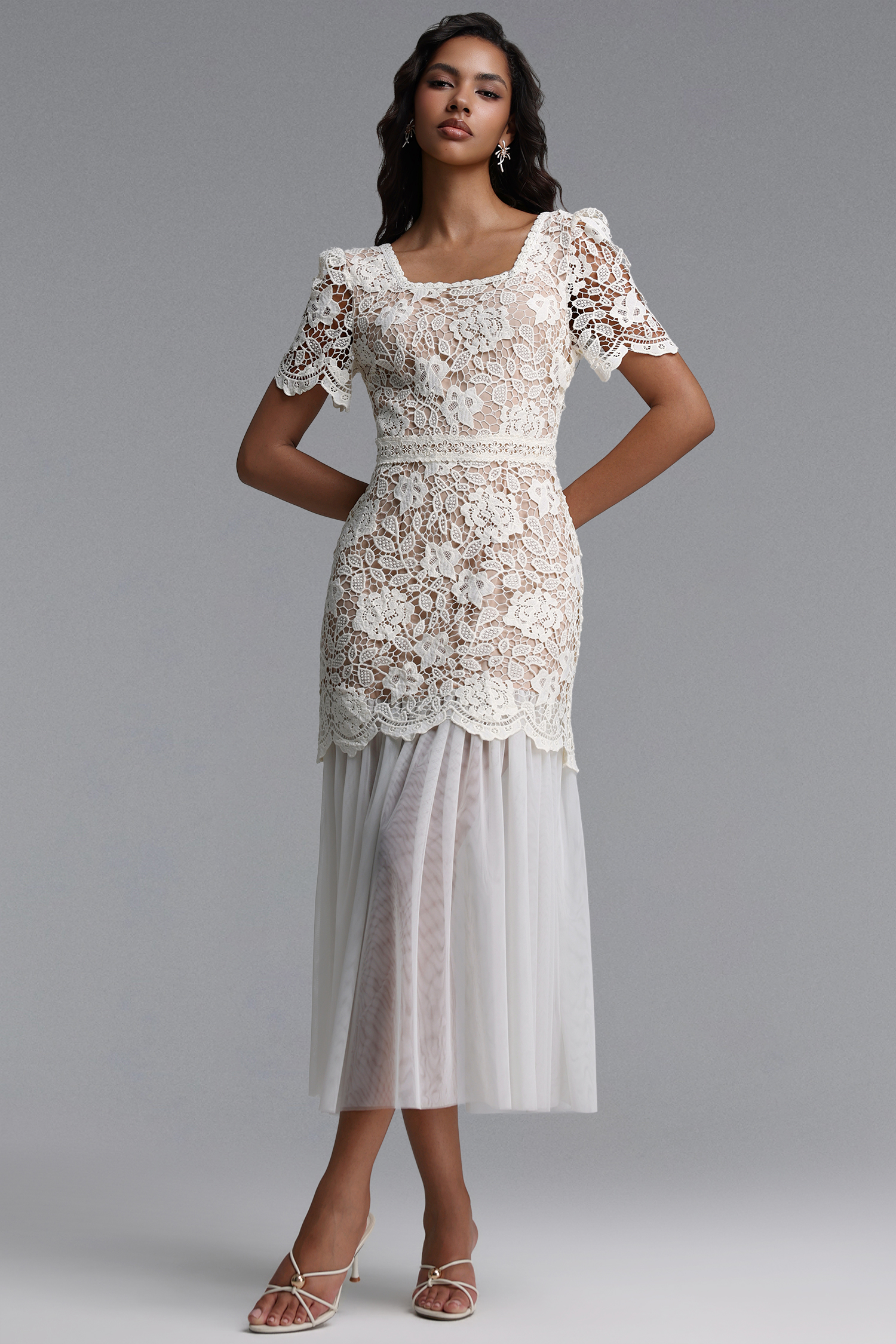Zilpah Elegant Flowy Short Sleeve Floral Lace Tulle Maxi Dress