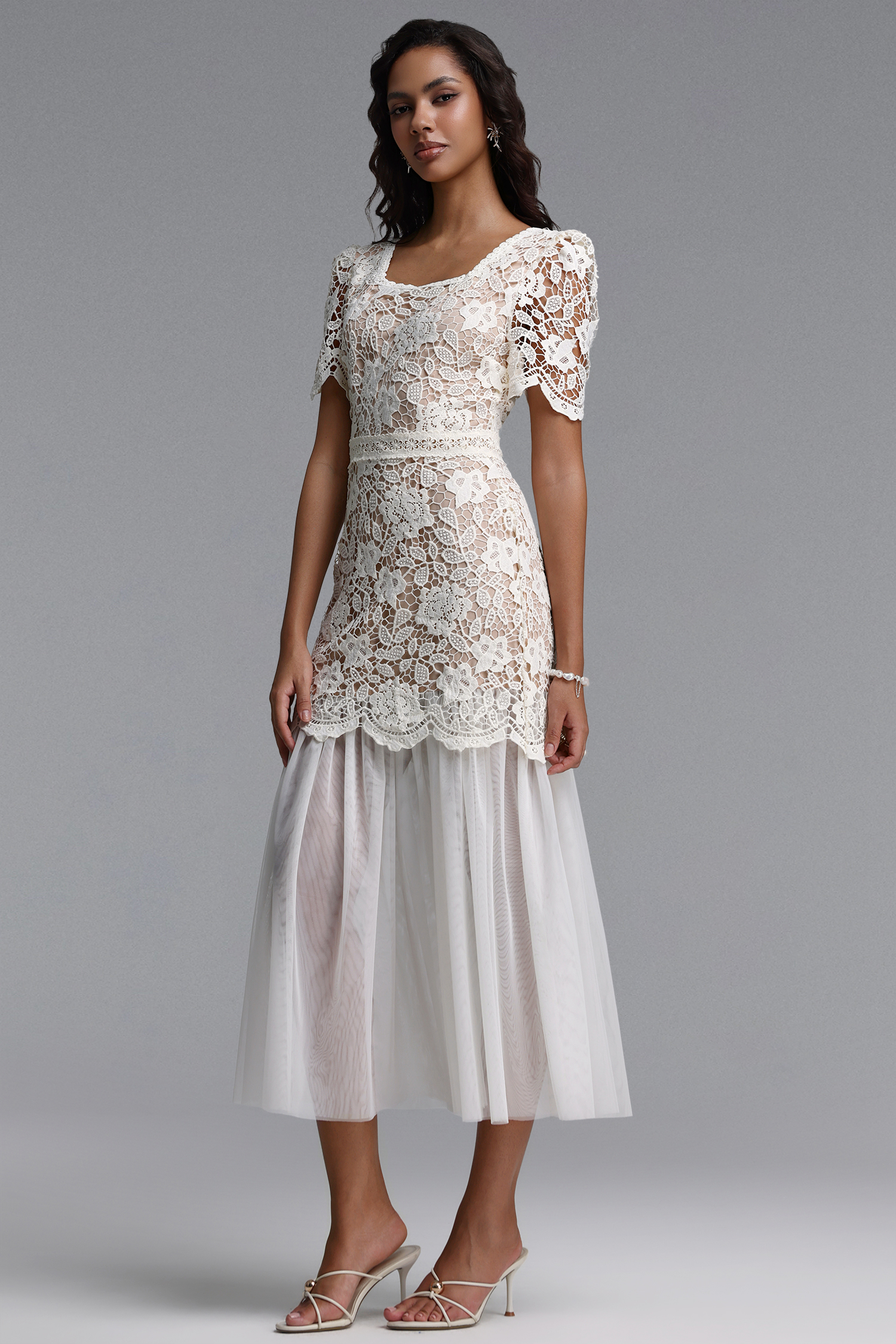 Zilpah Elegant Flowy Short Sleeve Floral Lace Tulle Maxi Dress