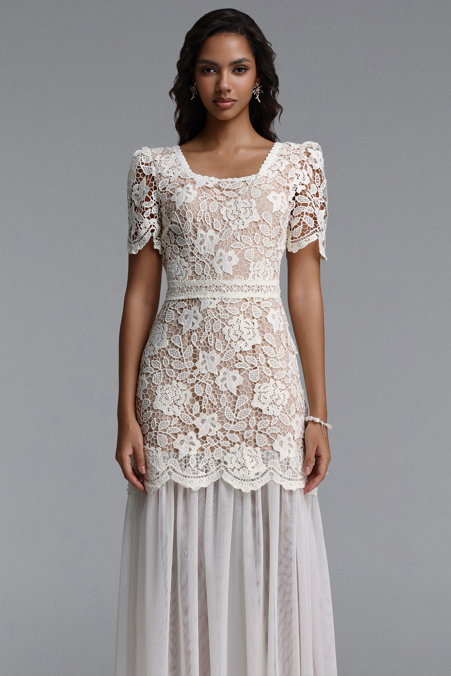 Zilpah Elegant Flowy Short Sleeve Floral Lace Tulle Maxi Dress