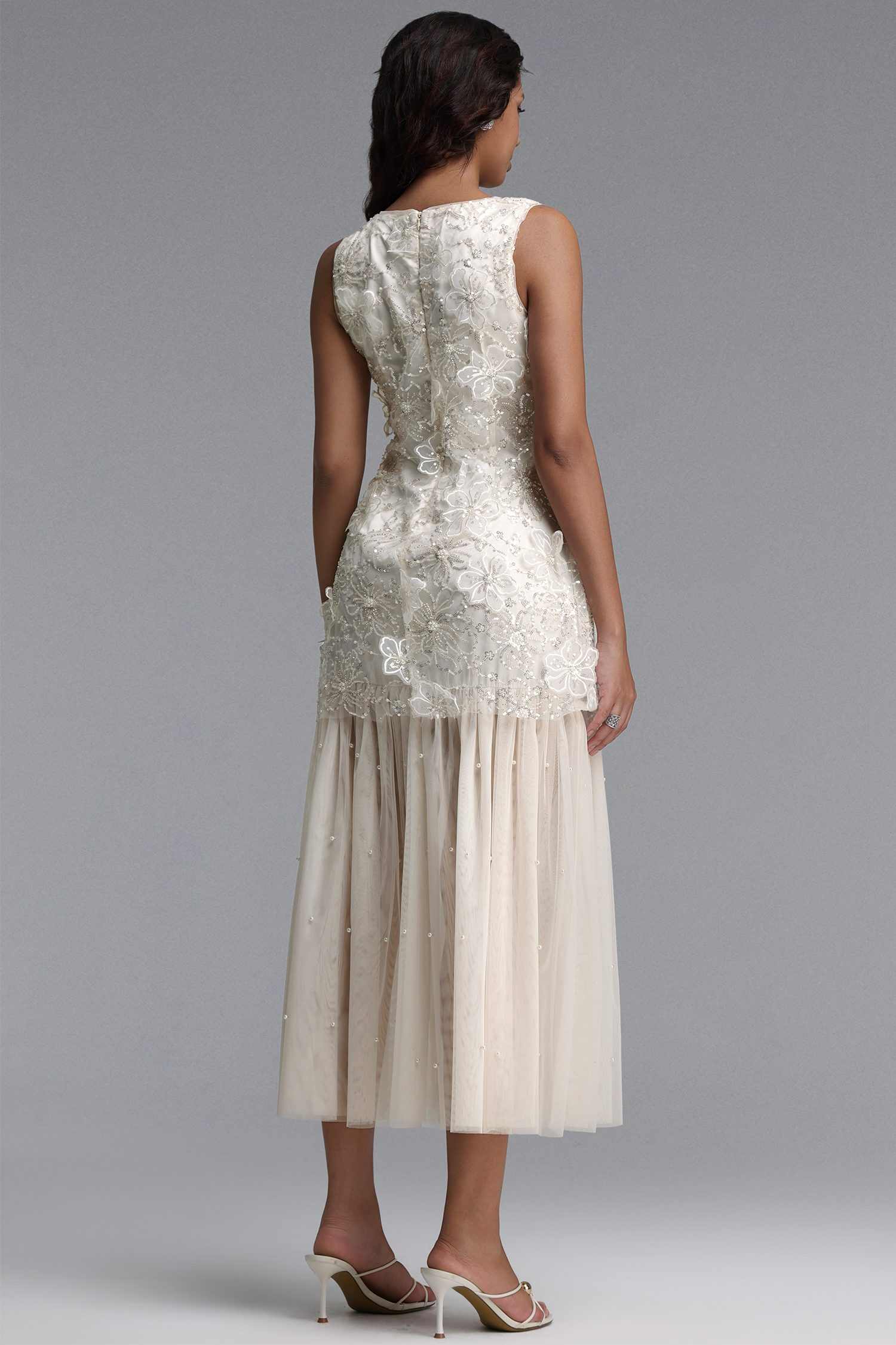 Marina Elegant Flowy Round Neck Sleeveless Sequin Floral Woven Maxi Dress