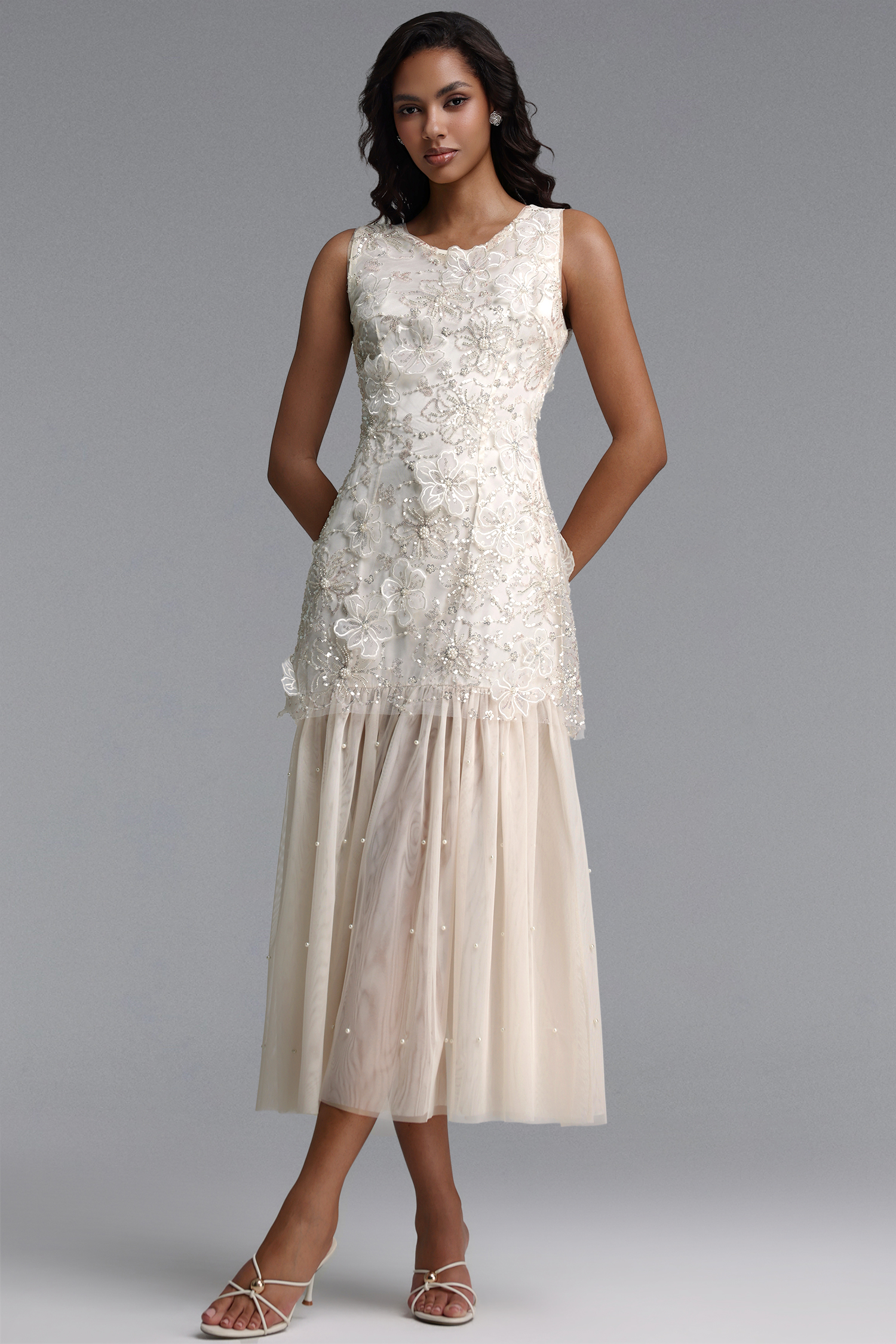 Marina Elegant Flowy Round Neck Sleeveless Sequin Floral Woven Maxi Dress