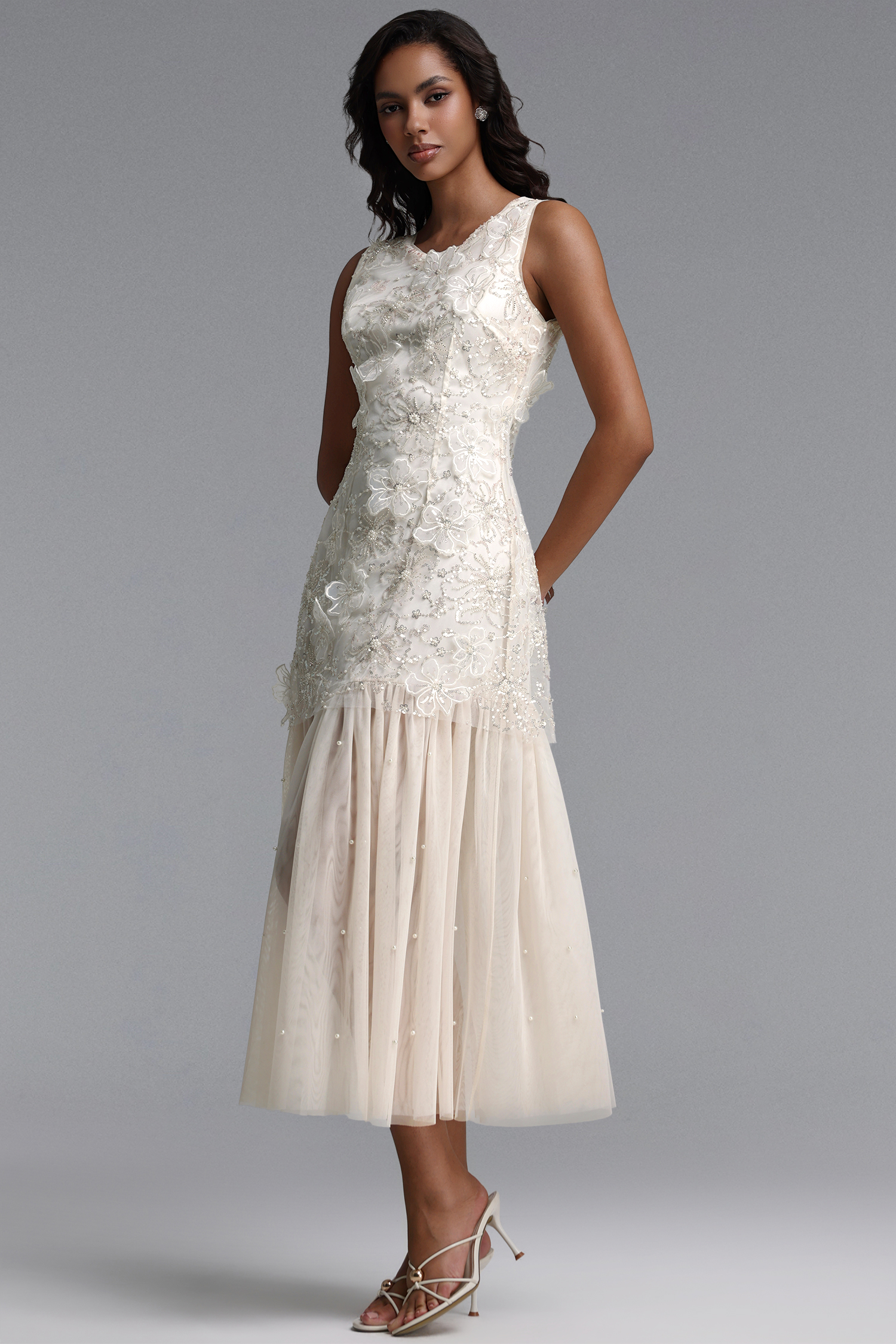 Marina Elegant Flowy Round Neck Sleeveless Sequin Floral Woven Maxi Dress