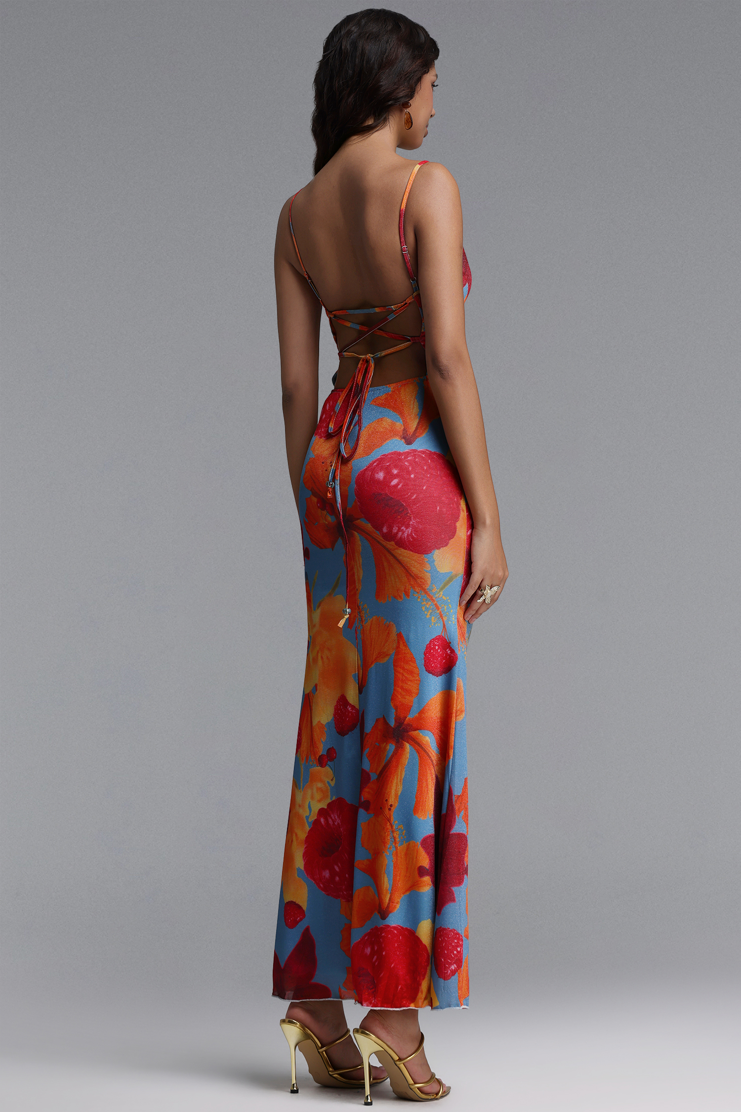 Saloha Romantic Contour V Neck Beaded Spaghetti Strap Floral Print Mesh Maxi Dress