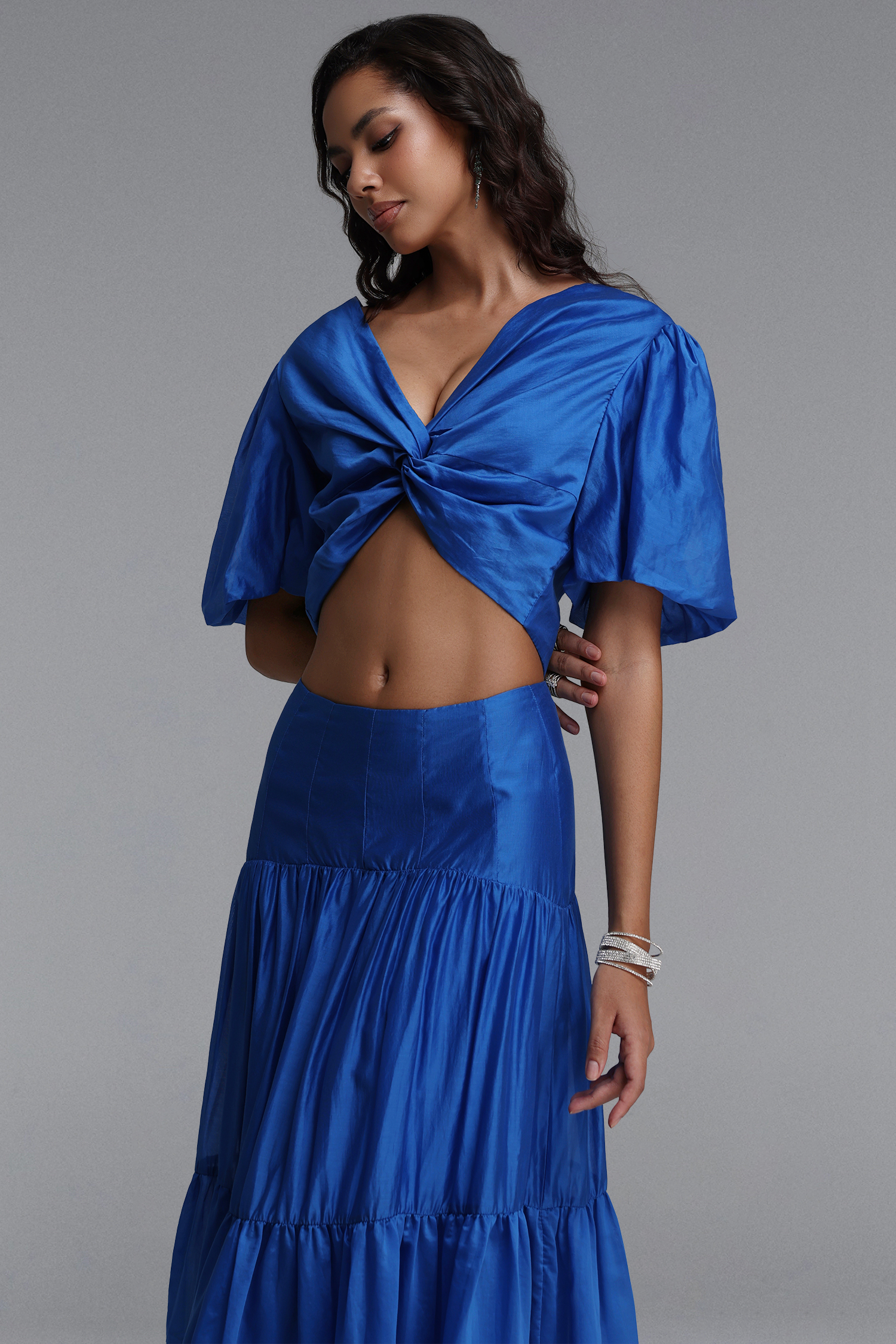 Diliy Resort Flowy V Neck Puff Sleeve Woven Top and Skirt Two Piece Set