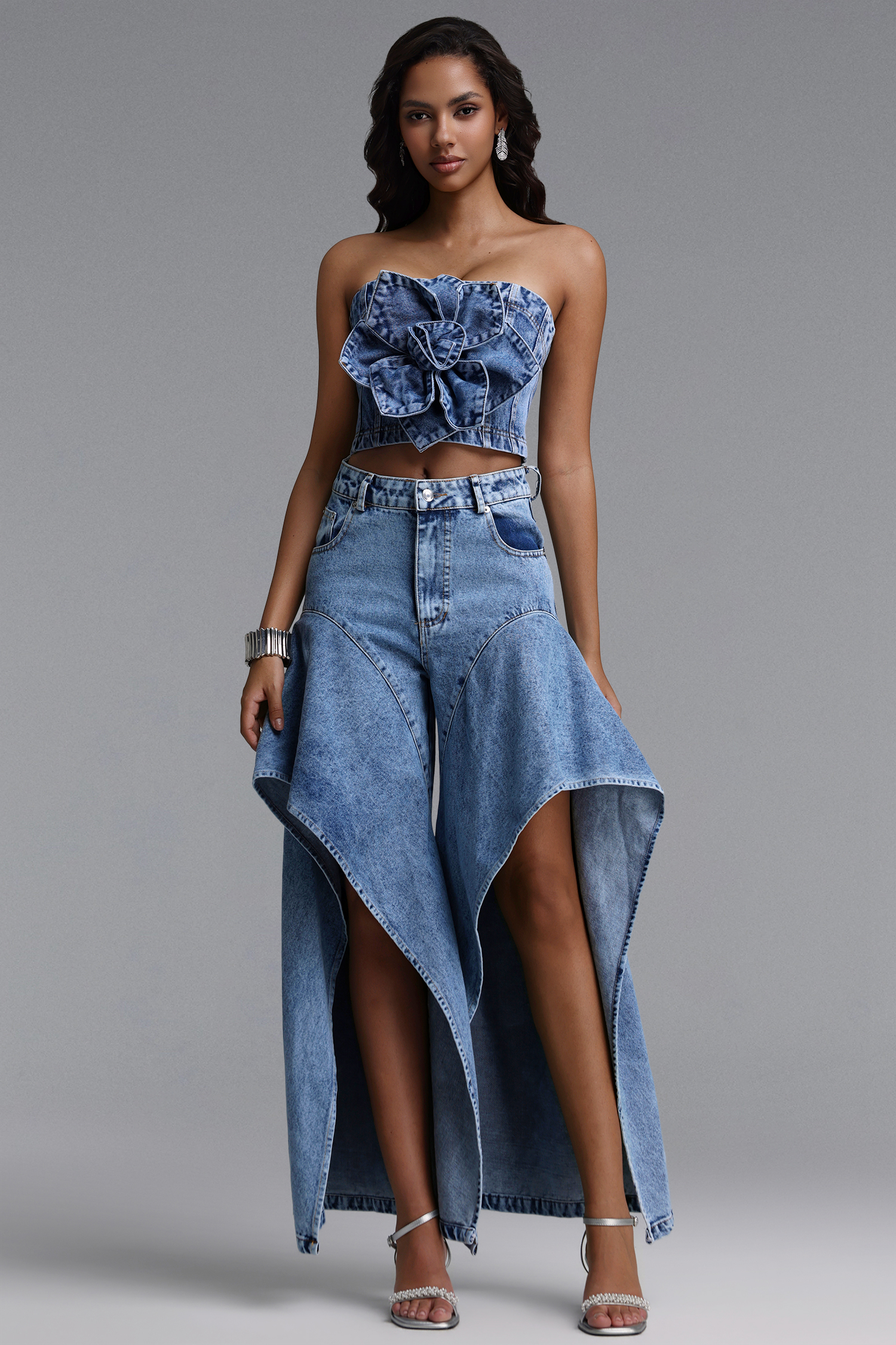 Pallas Chic Floral Slit Denim Top Or Pants