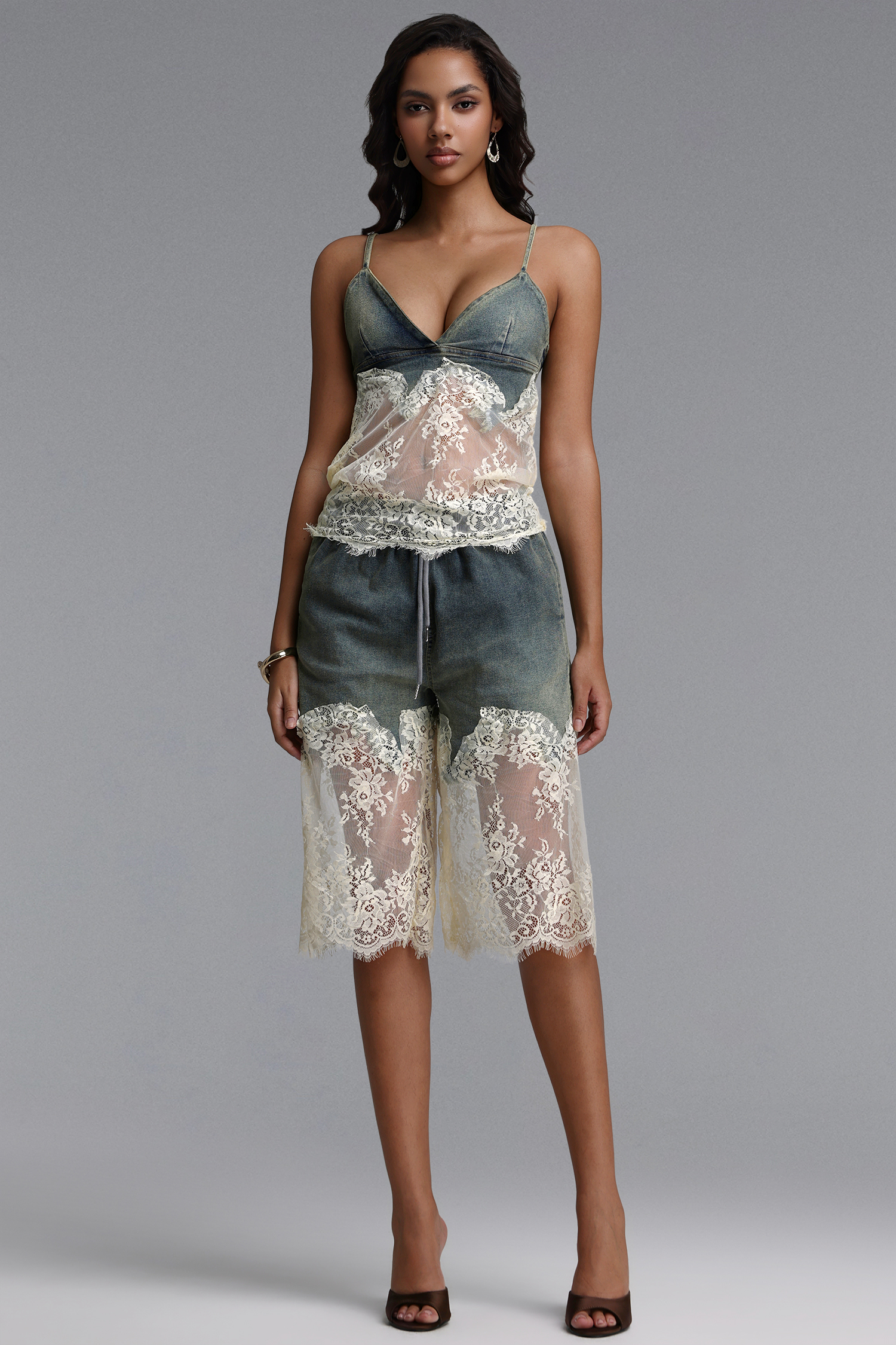 Jilly Vintage Tailored Spaghetti Strap Lace Trimmed Denim Top And Pants Two Piece Set