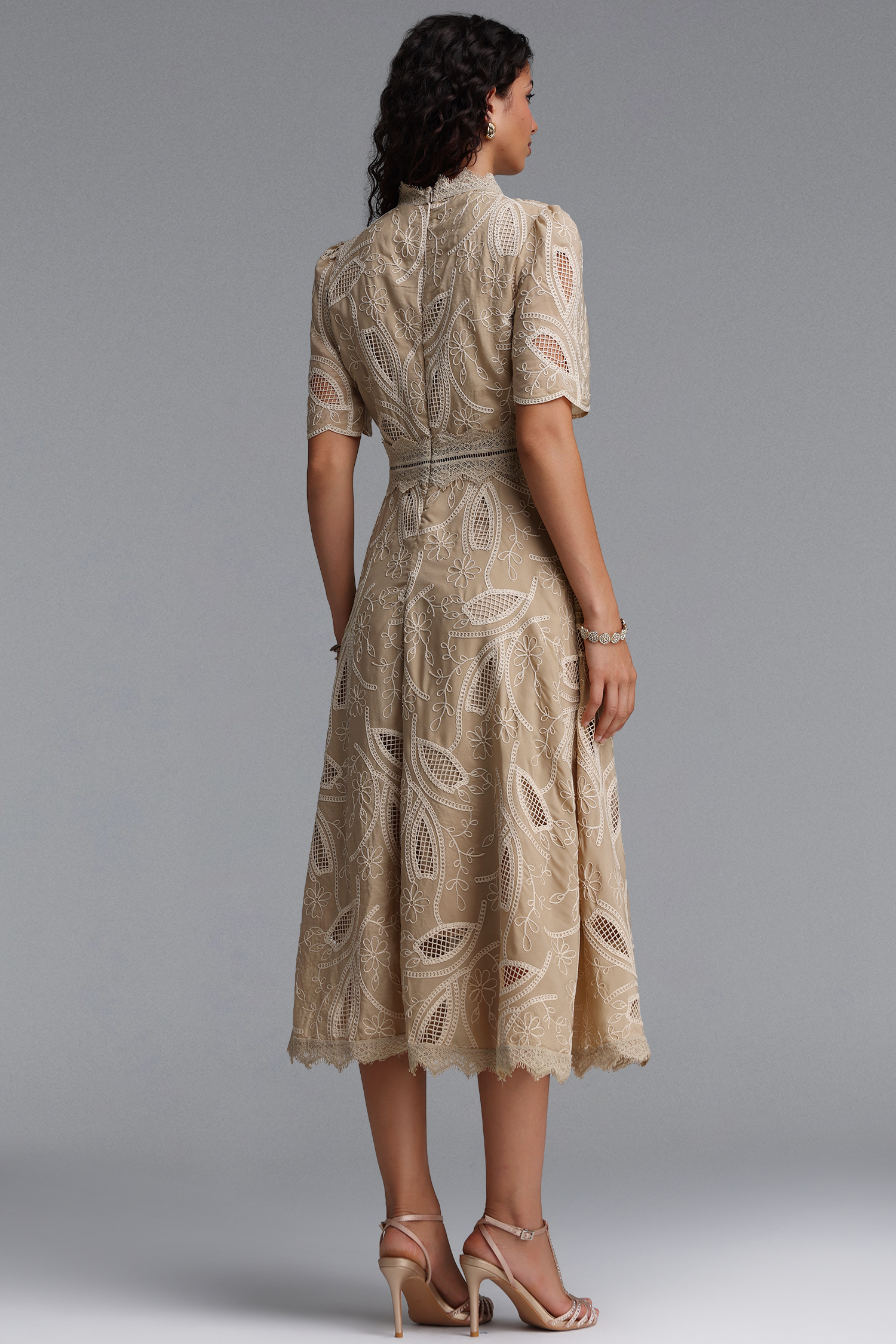 Stretchy Resort Cinched Short Sleeve Embroidered Floral Lace Woven Khaki Midi Dress
