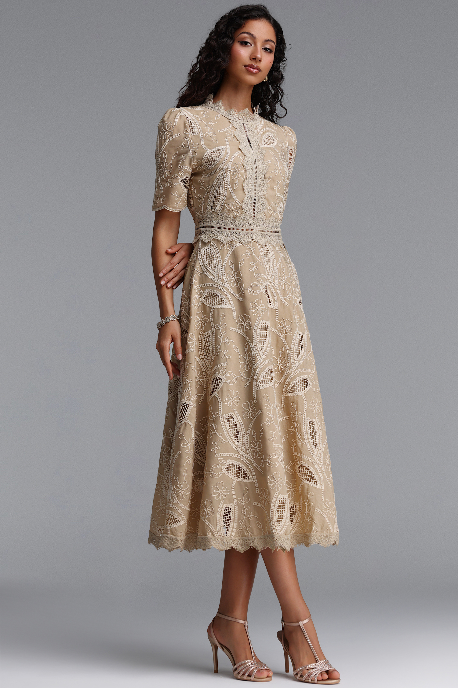 Stretchy Resort Cinched Short Sleeve Embroidered Floral Lace Woven Khaki Midi Dress