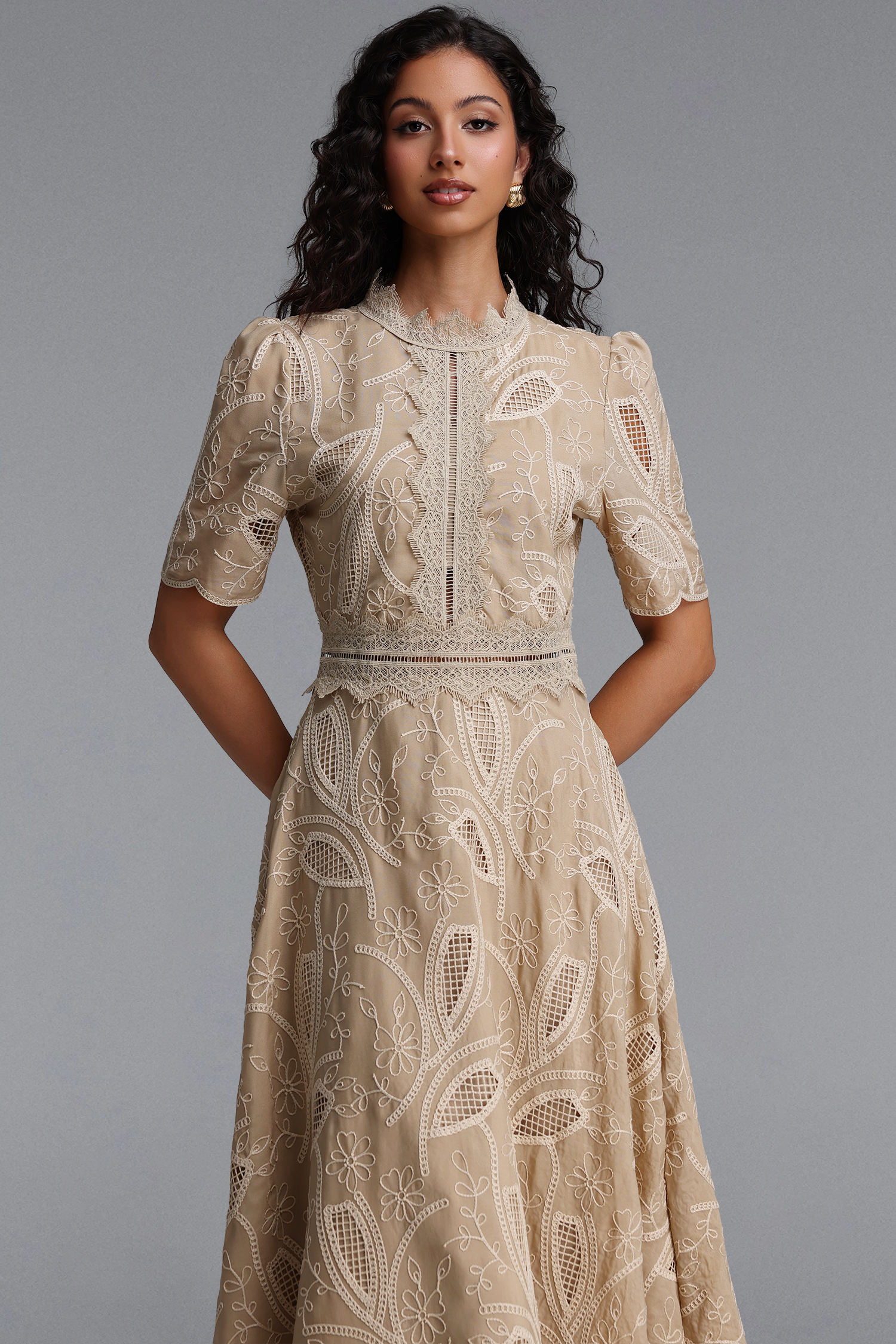 Stretchy Resort Cinched Short Sleeve Embroidered Floral Lace Woven Khaki Midi Dress