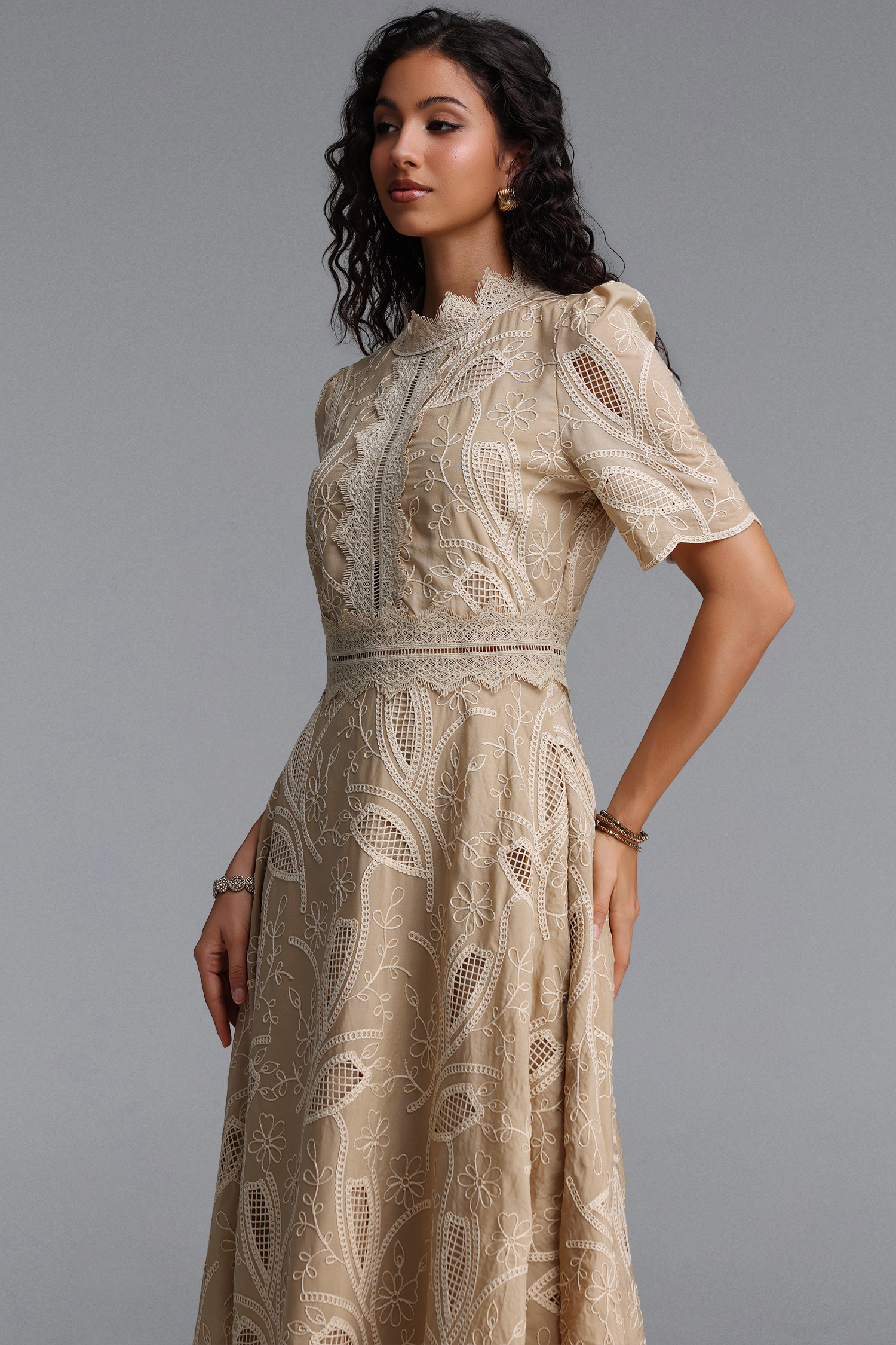 Stretchy Resort Cinched Short Sleeve Embroidered Floral Lace Woven Khaki Midi Dress