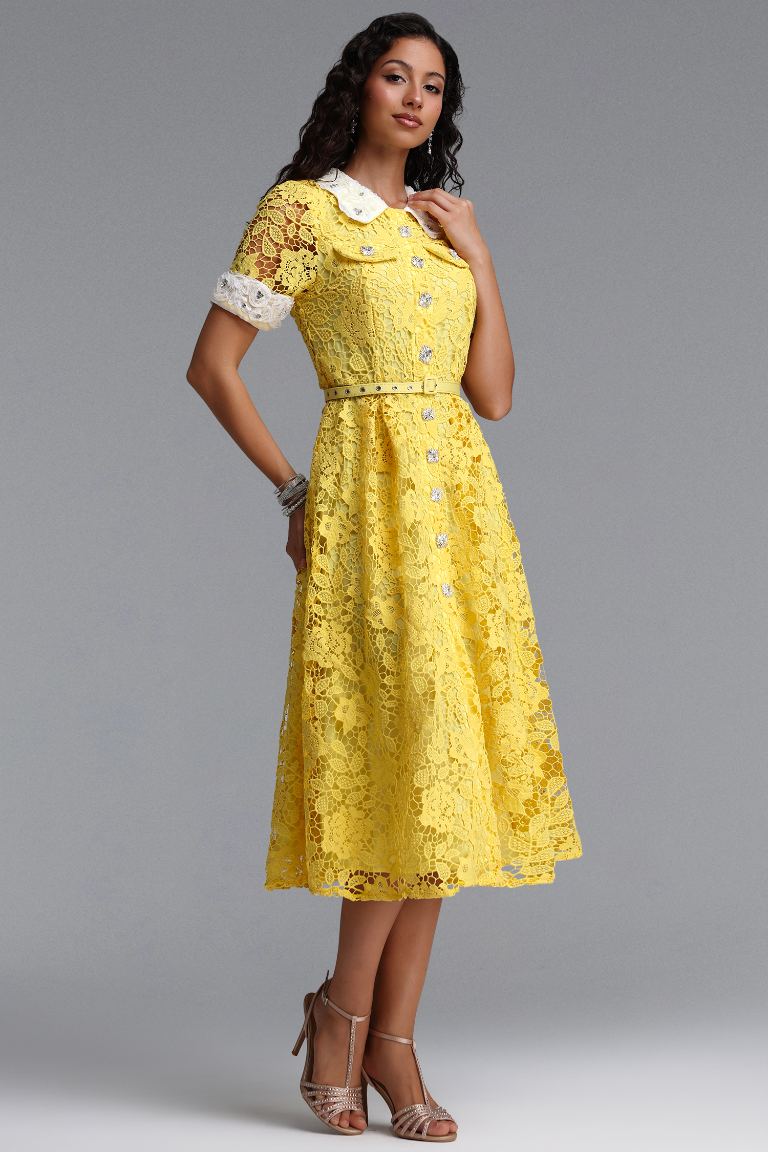 Sagona Classic Tailored Short Sleeve Rhinestone Floral Lace Yellow Maxi Dress