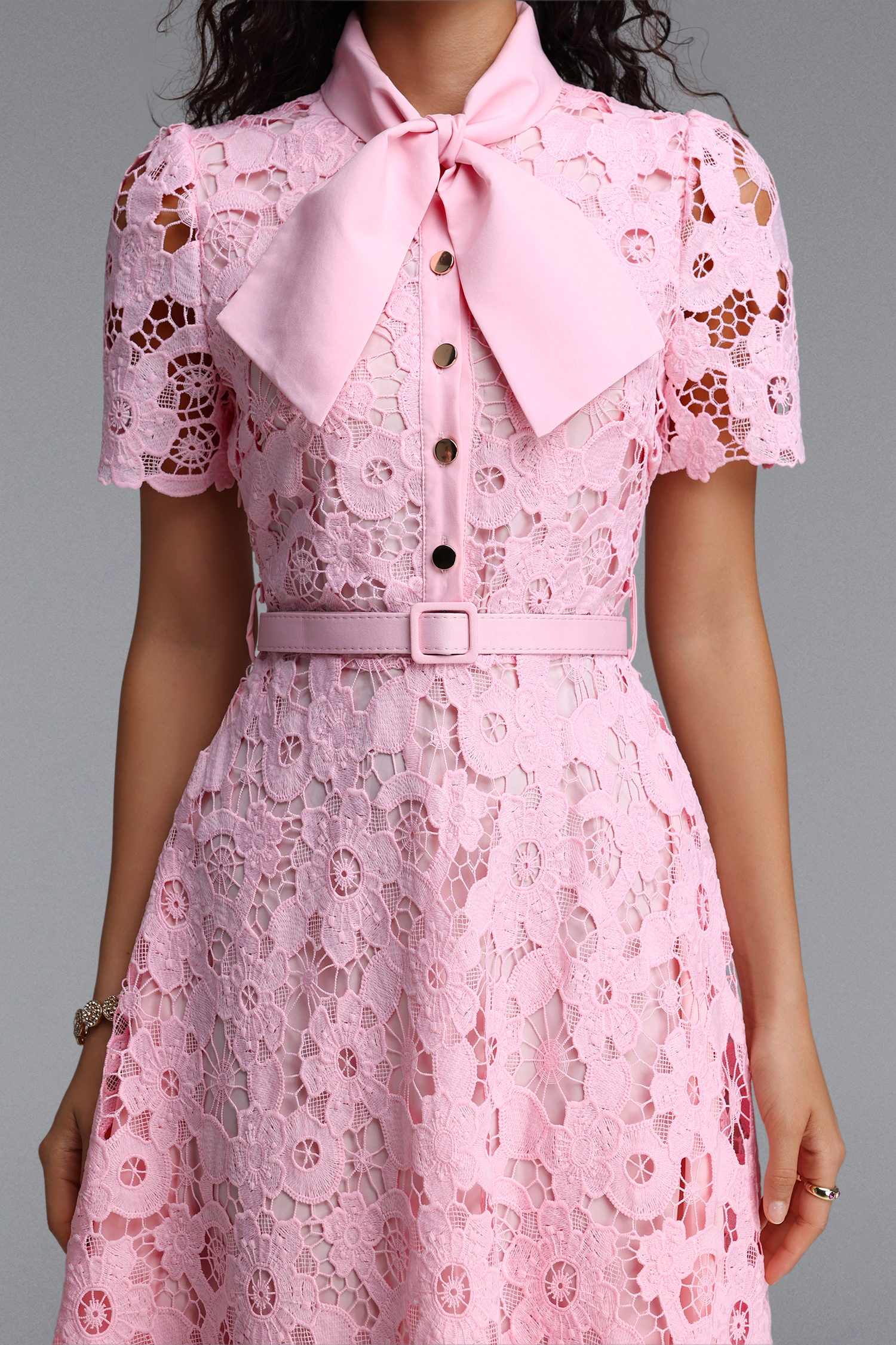 Salo Classic Tailored Bow Collar Short Sleeve Floral Lace Midi Dress