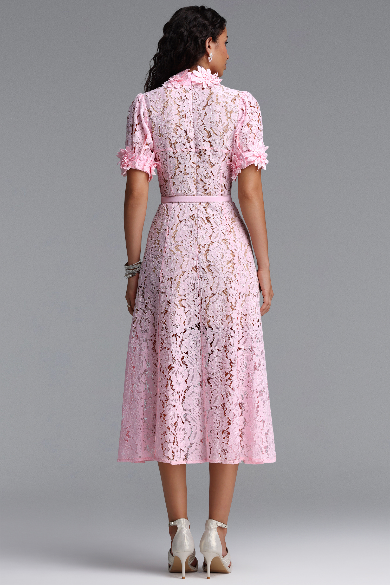 Tusare Elegant Tailored Short Sleeve Floral Lace Pink Maxi Dress