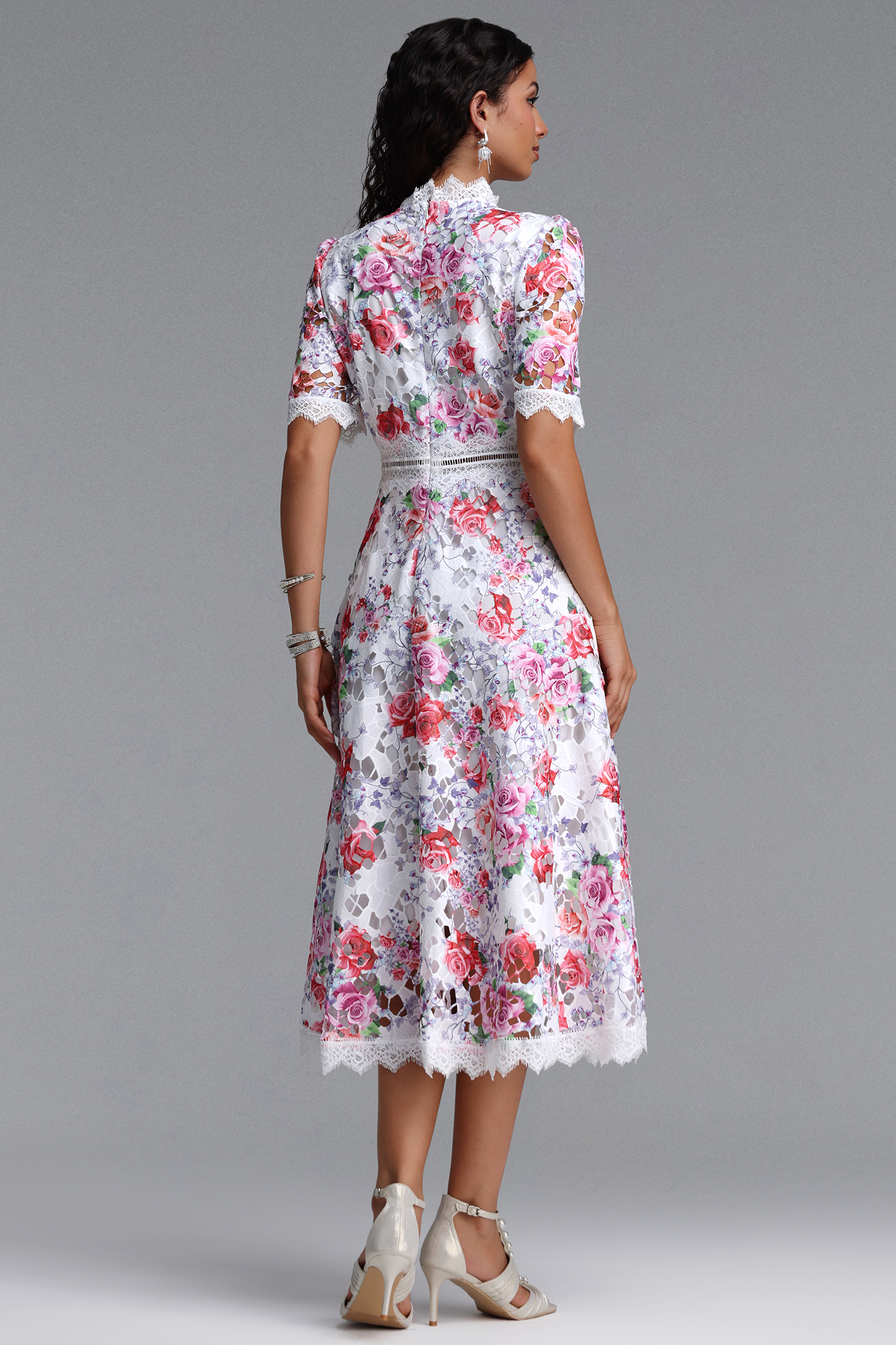 Perly Classic Cinched Short Sleeve Floral Print Lace Floral Midi Dress