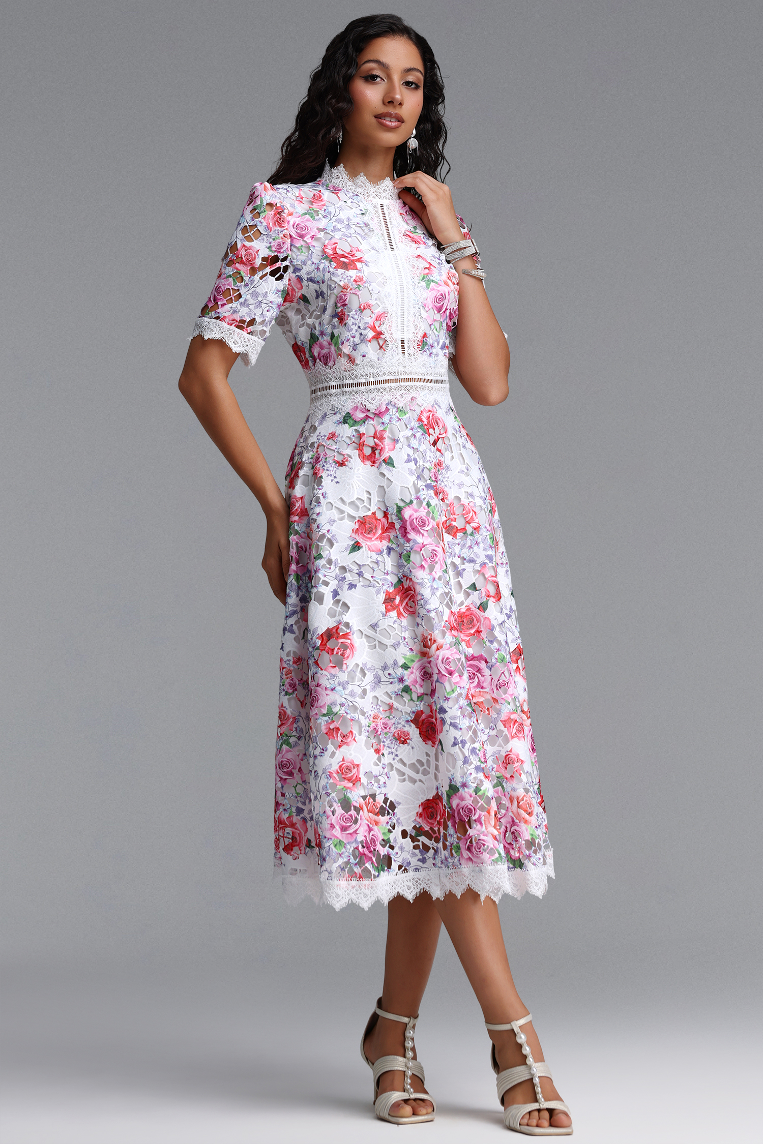 Perly Classic Cinched Short Sleeve Floral Print Lace Floral Midi Dress