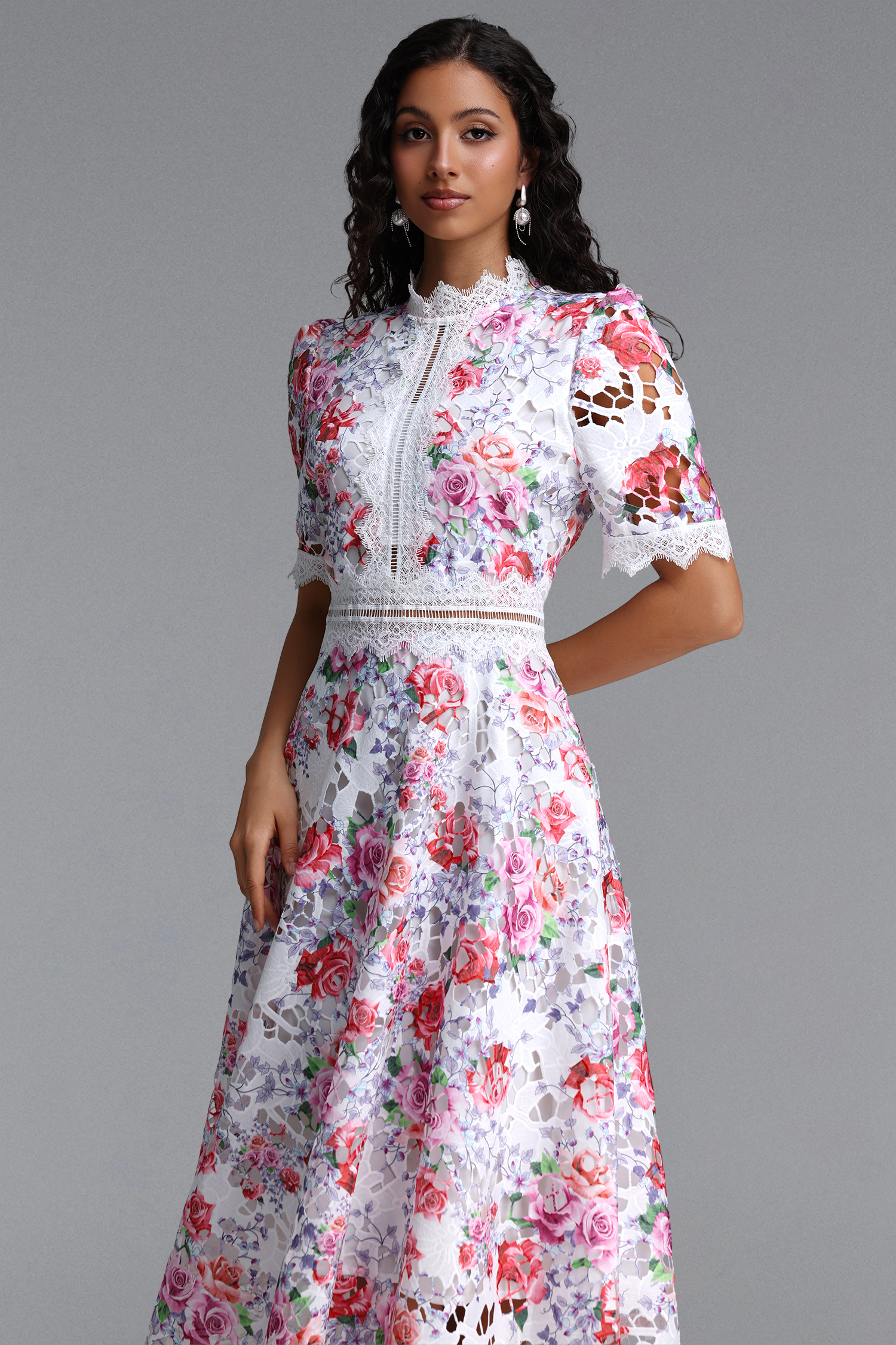 Perly Classic Cinched Short Sleeve Floral Print Lace Floral Midi Dress