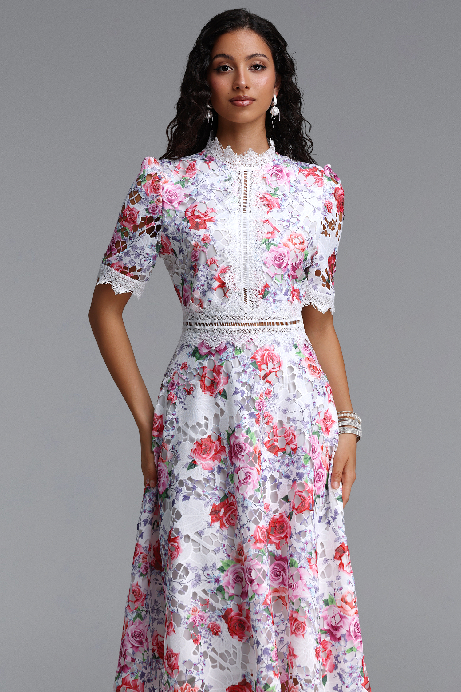 Perly Classic Cinched Short Sleeve Floral Print Lace Floral Midi Dress