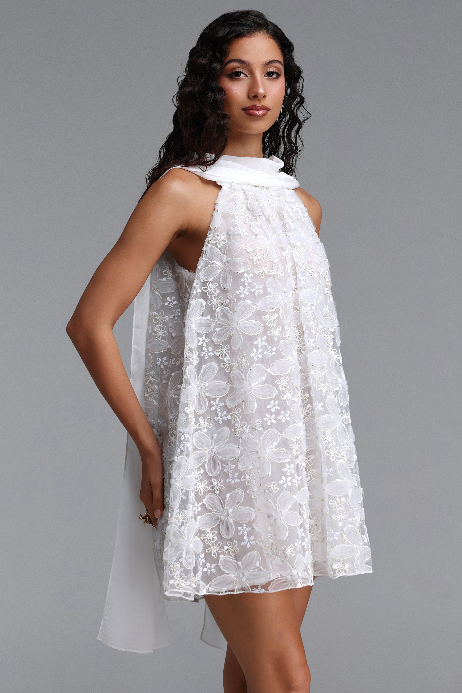 Lori Romantic Flowy Chiffon Tie Sleeveless Floral Woven Mini Dress