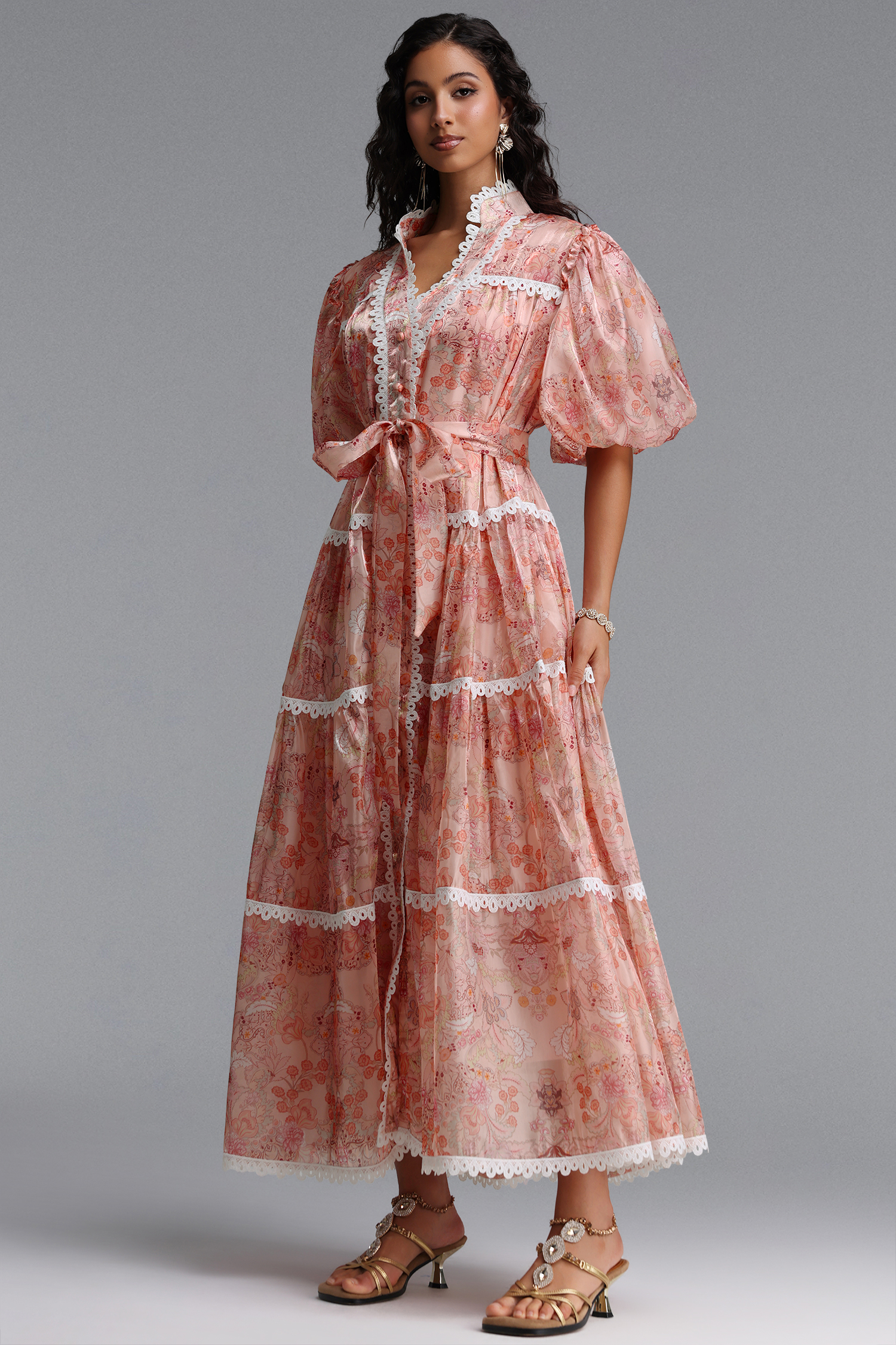 Dotte Resort Flowy Puff Sleeve Organza Maxi Dress