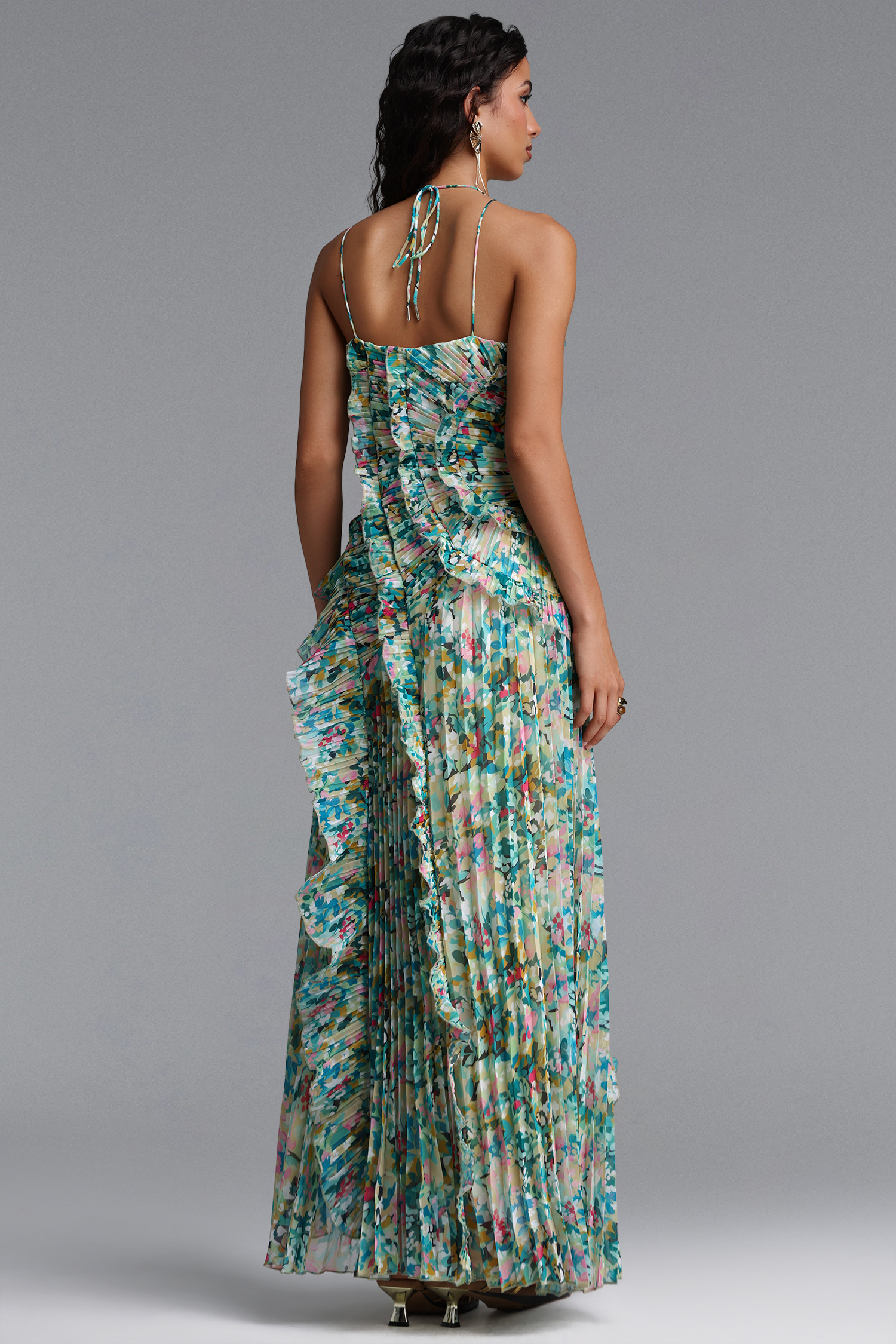 Elleri Resort Flowy Sleeveless Pleated Ruffle Floral Print Woven Green Maxi Dress