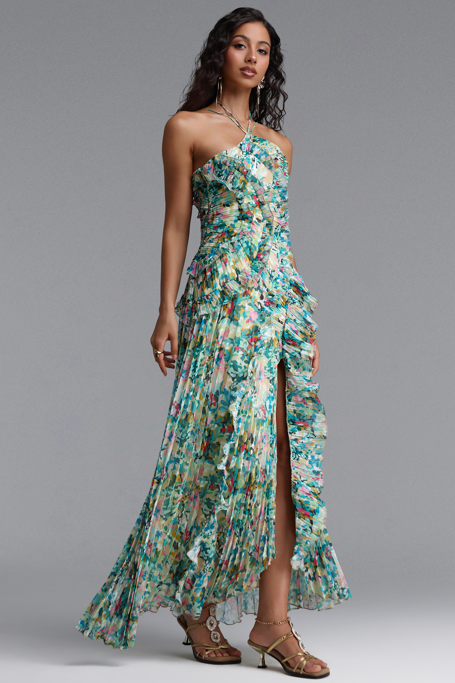 Elleri Resort Flowy Sleeveless Pleated Ruffle Floral Print Woven Green Maxi Dress