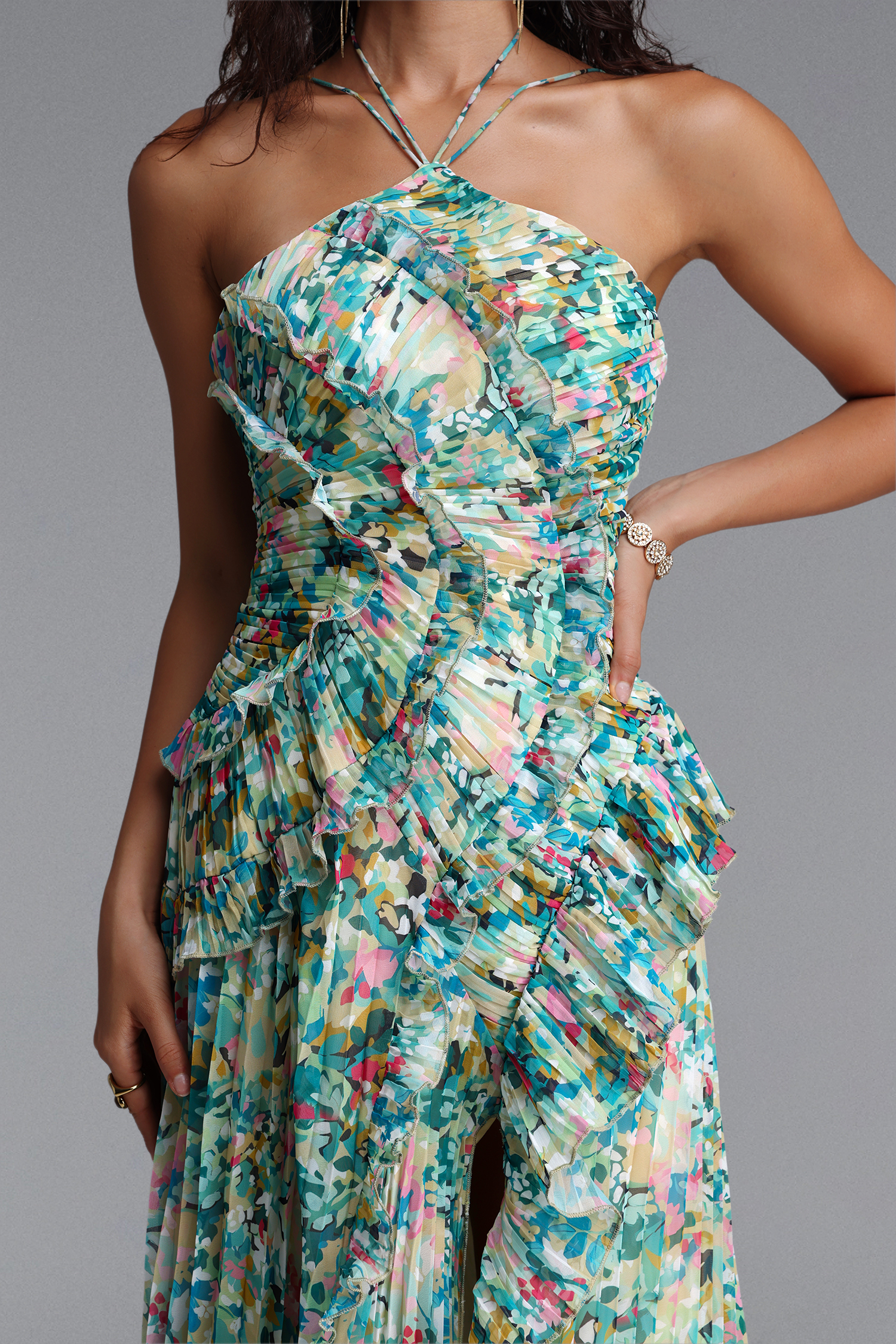 Elleri Resort Flowy Sleeveless Pleated Ruffle Floral Print Woven Green Maxi Dress