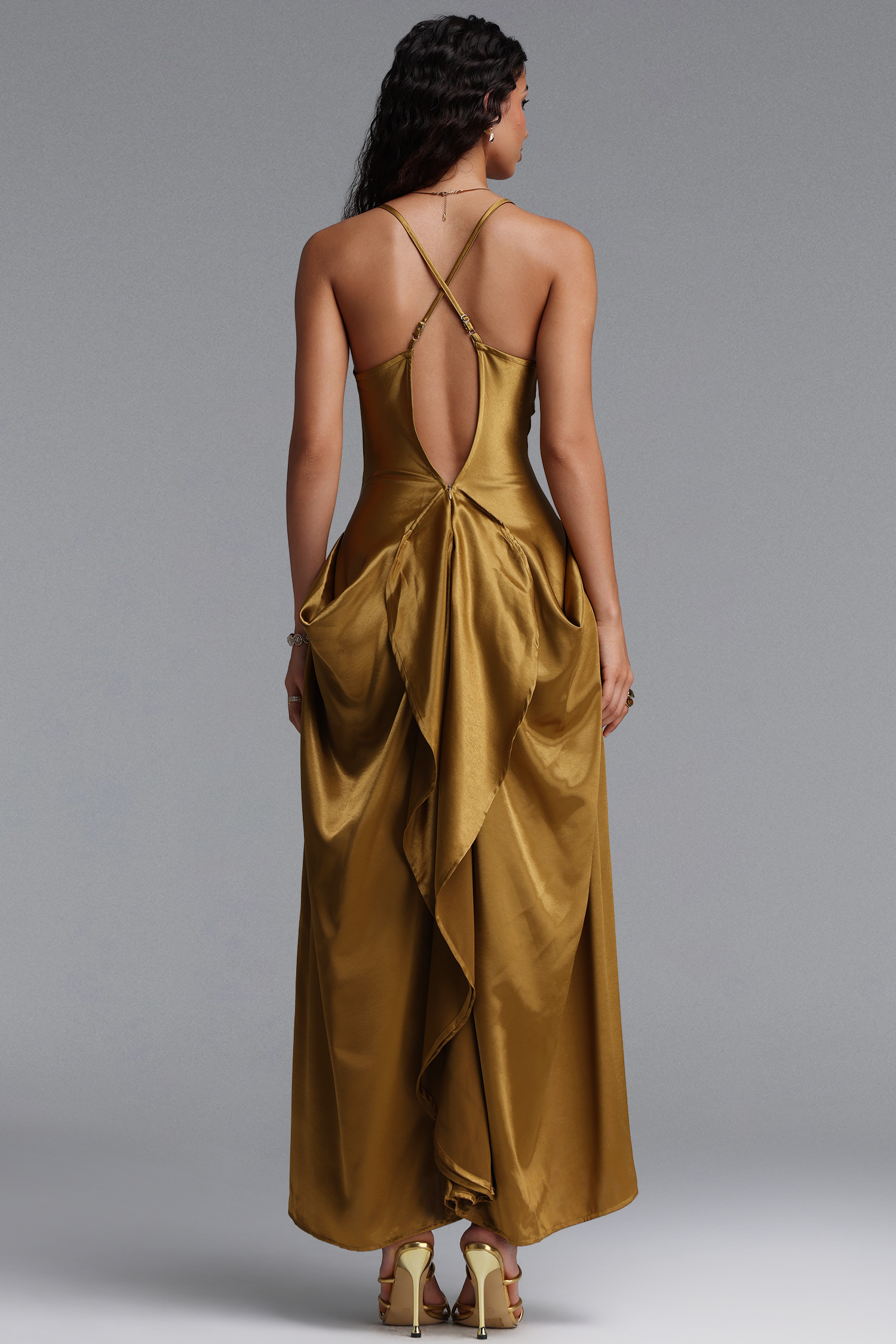 Kelza Classic Tailored Spaghetti Strap Shimmer Satin Maxi Dress