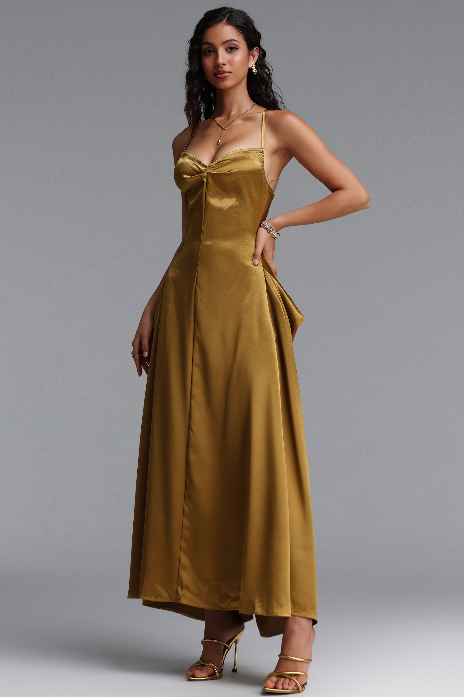 Kelza Classic Tailored Spaghetti Strap Shimmer Satin Maxi Dress