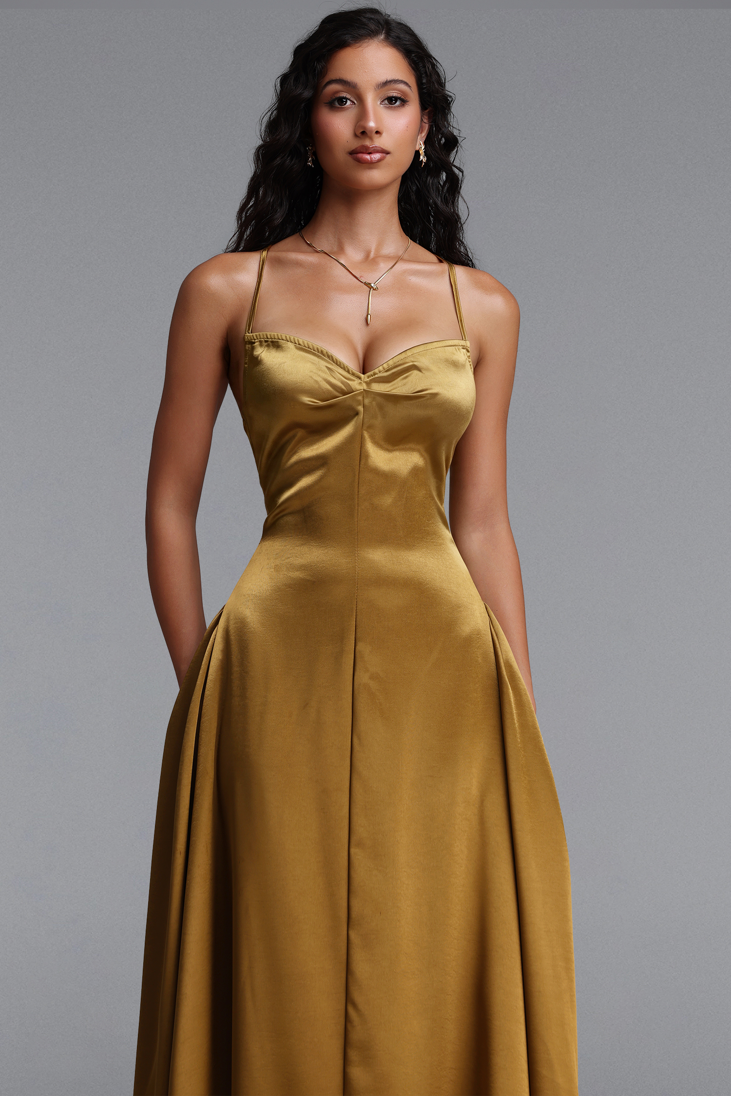 Kelza Classic Tailored Spaghetti Strap Shimmer Satin Maxi Dress