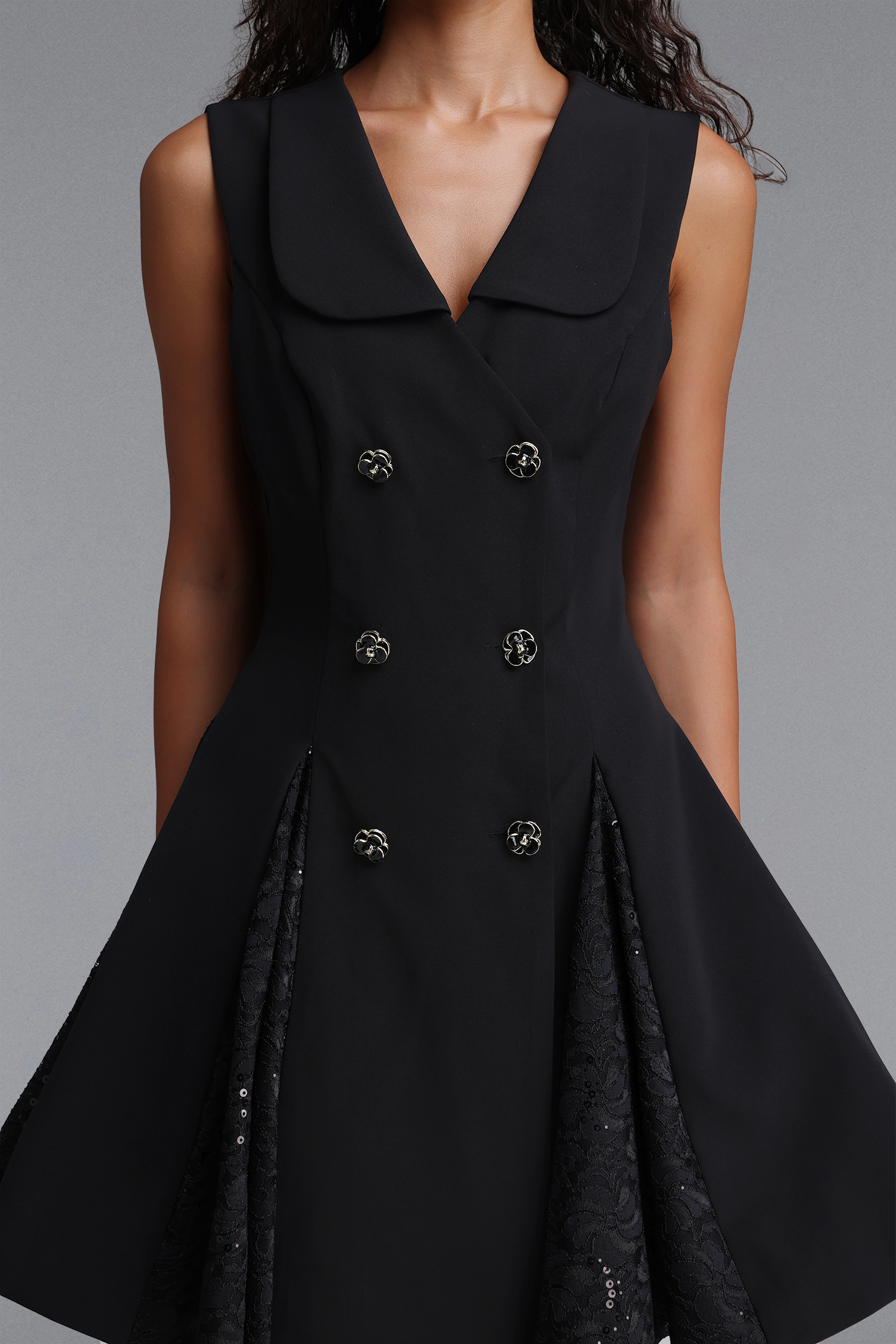 Juliy Peter Pan Collar Sleeveless Lace Inset Woven Blazer Mini Dress