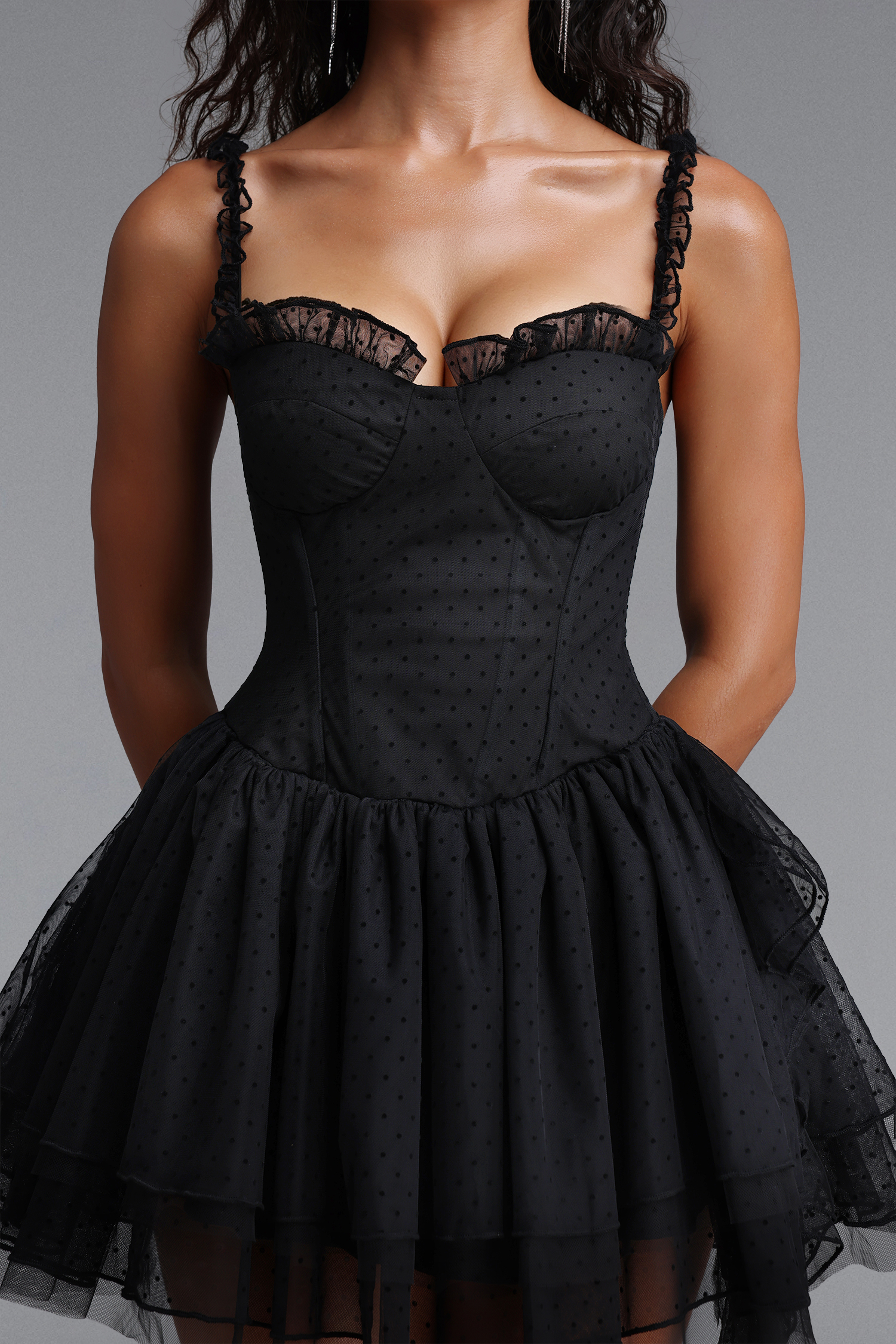 Natasha Chic Tailored Sleeveless Boning Ruffle Polka Dot Mesh Black Mini Dress