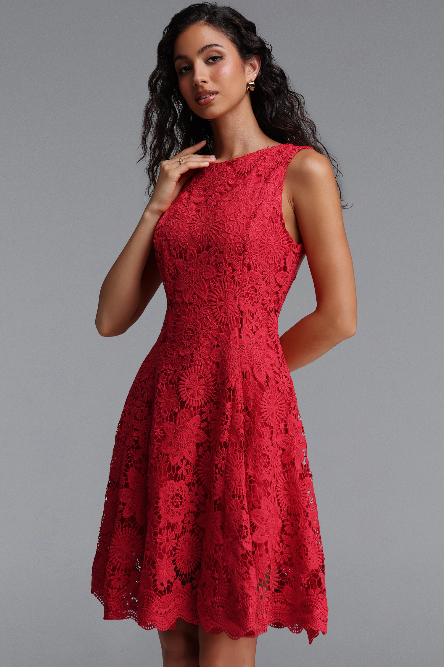 Pedra Elegant Cinched Round Neck Sleeveless Floral Lace Red Mini Dress