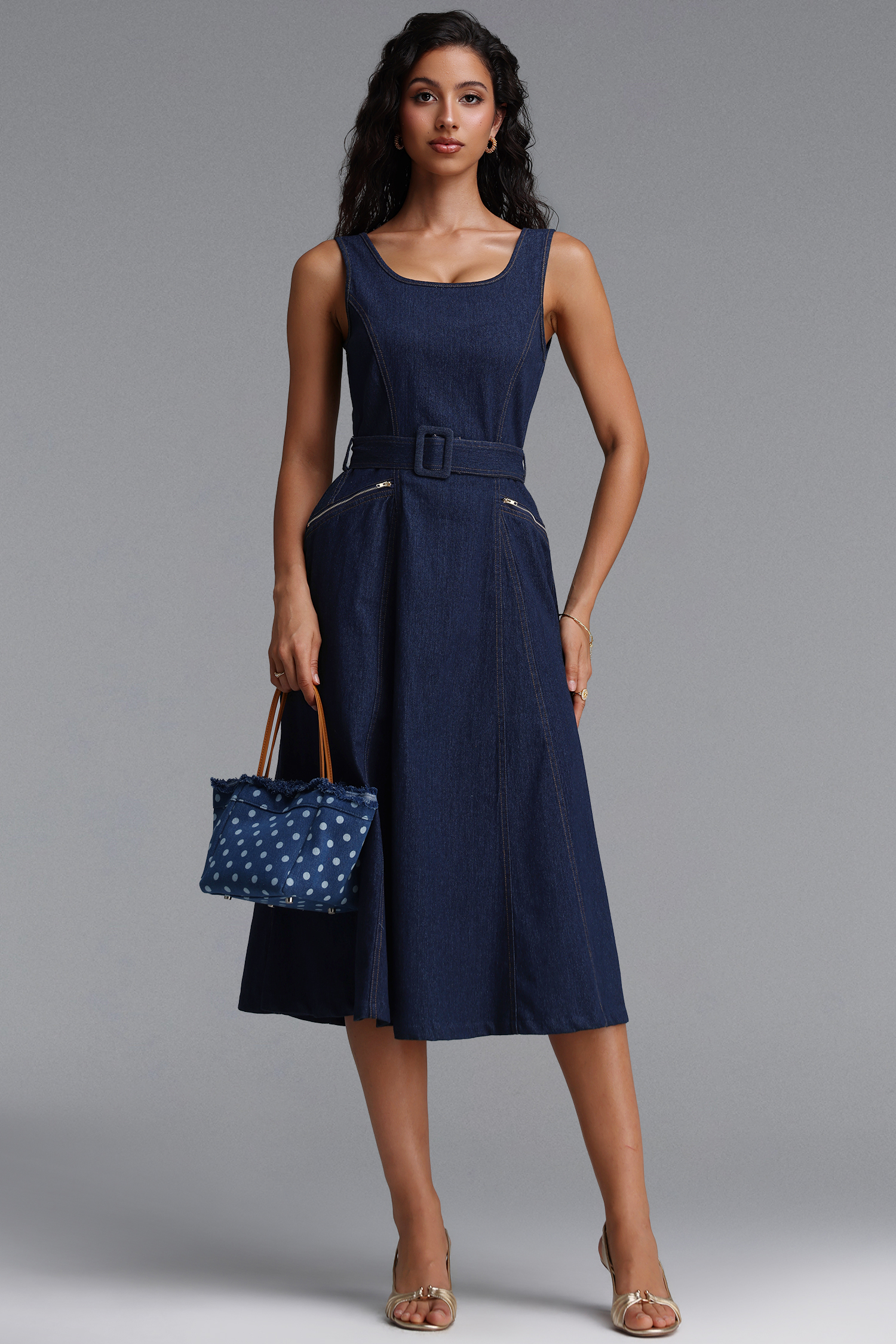 Pora Chic Tailored Sleeveless Denim Midi Dress