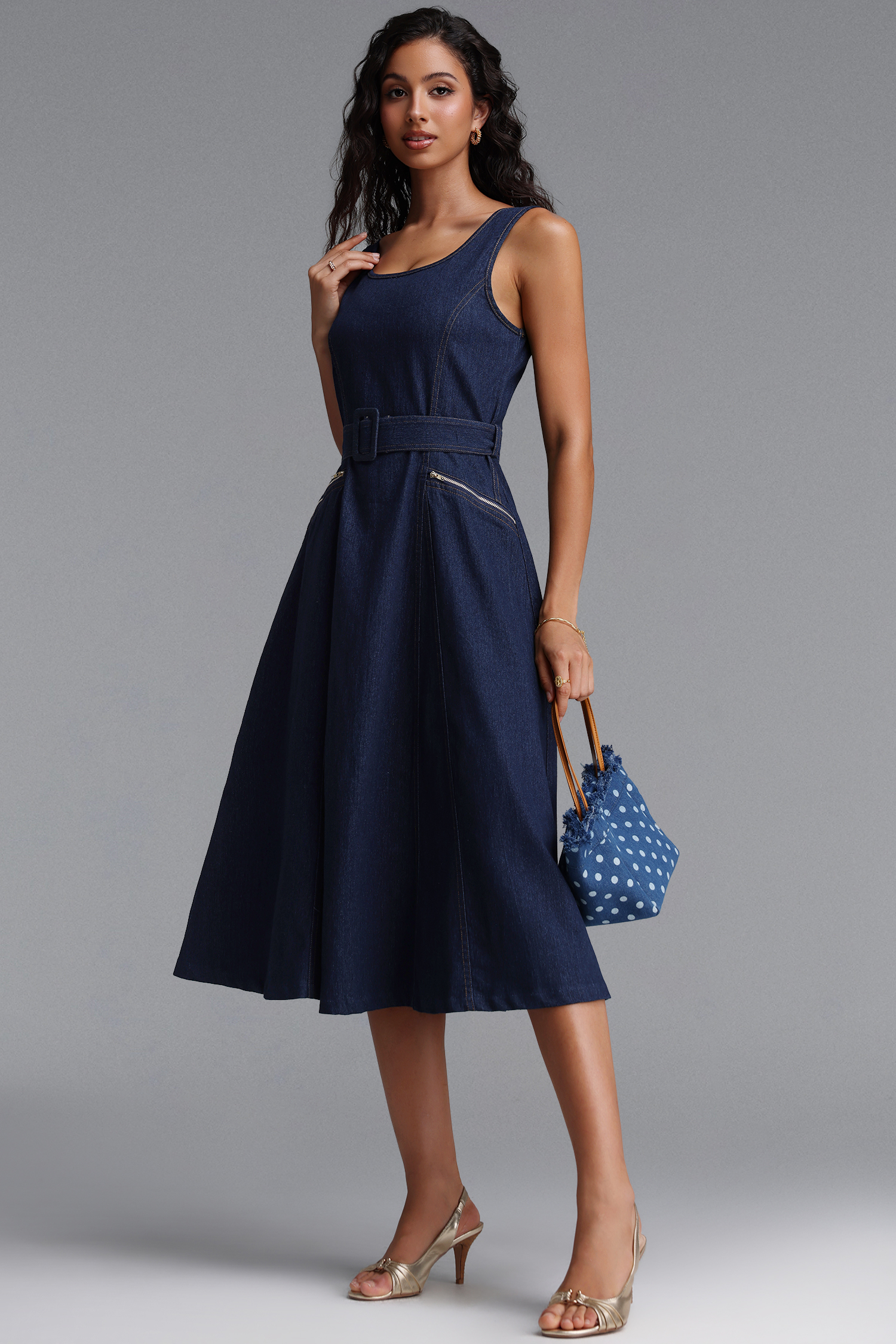 Pora Chic Tailored Sleeveless Denim Midi Dress