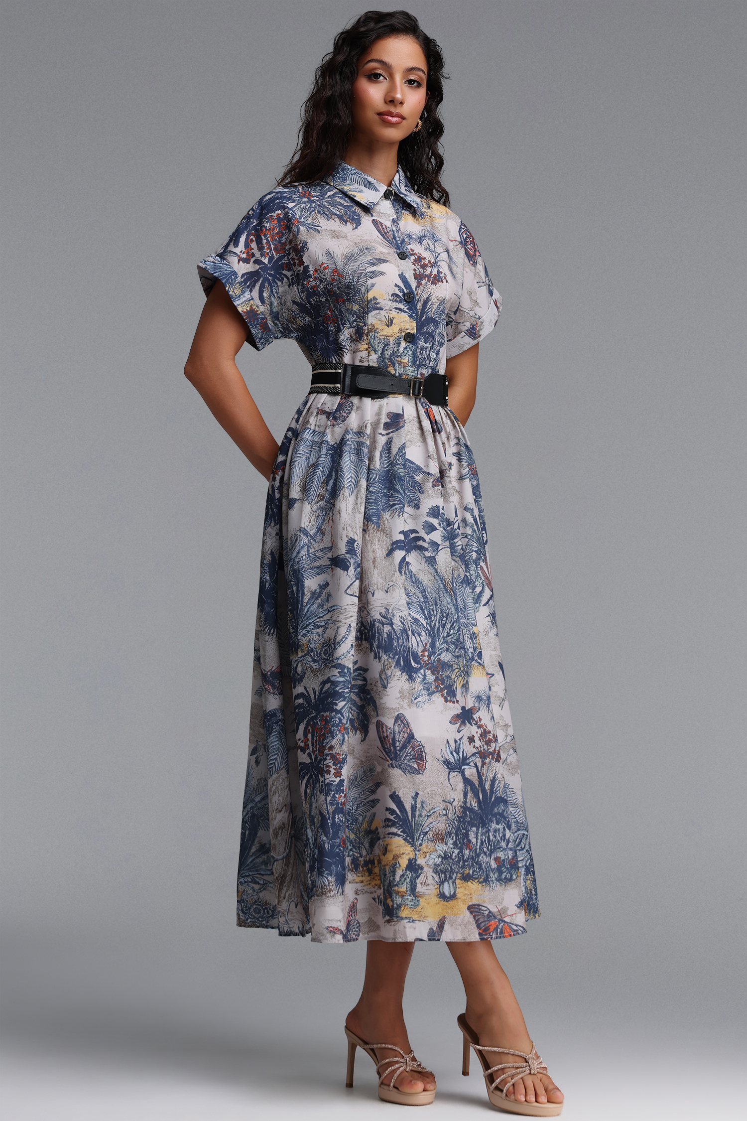Uerzay Vintage Tailored Short Sleeve Floral Print Woven Maxi Dress