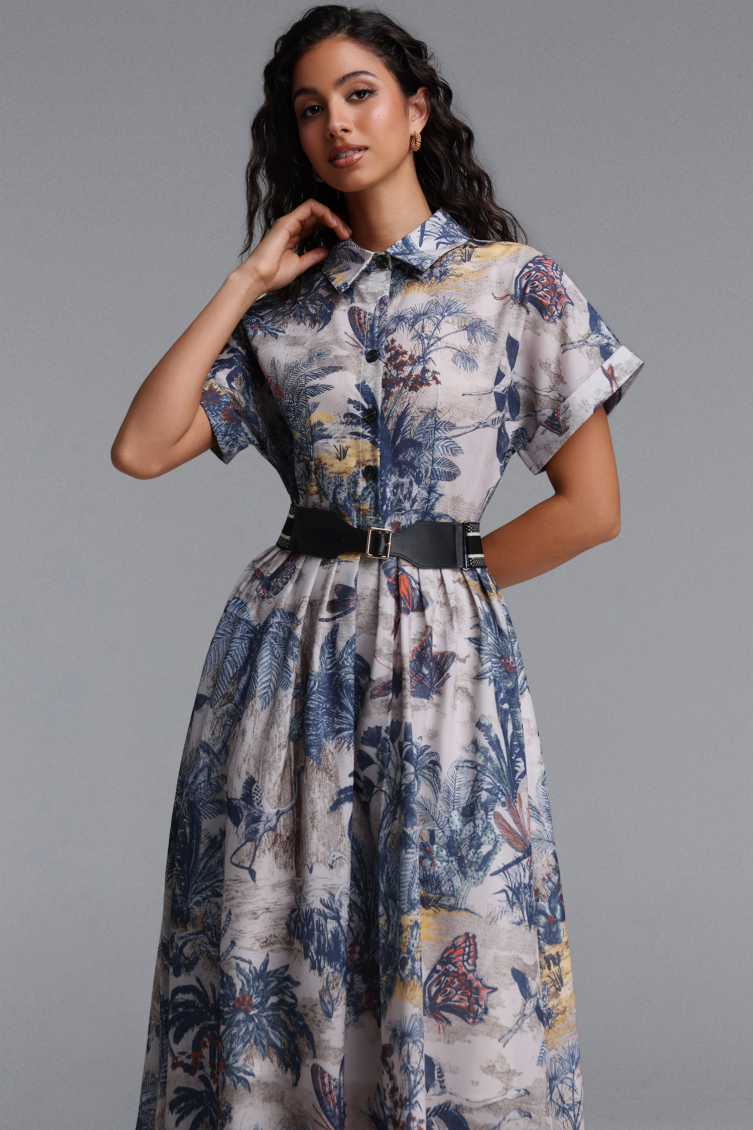 Uerzay Vintage Tailored Short Sleeve Floral Print Woven Maxi Dress