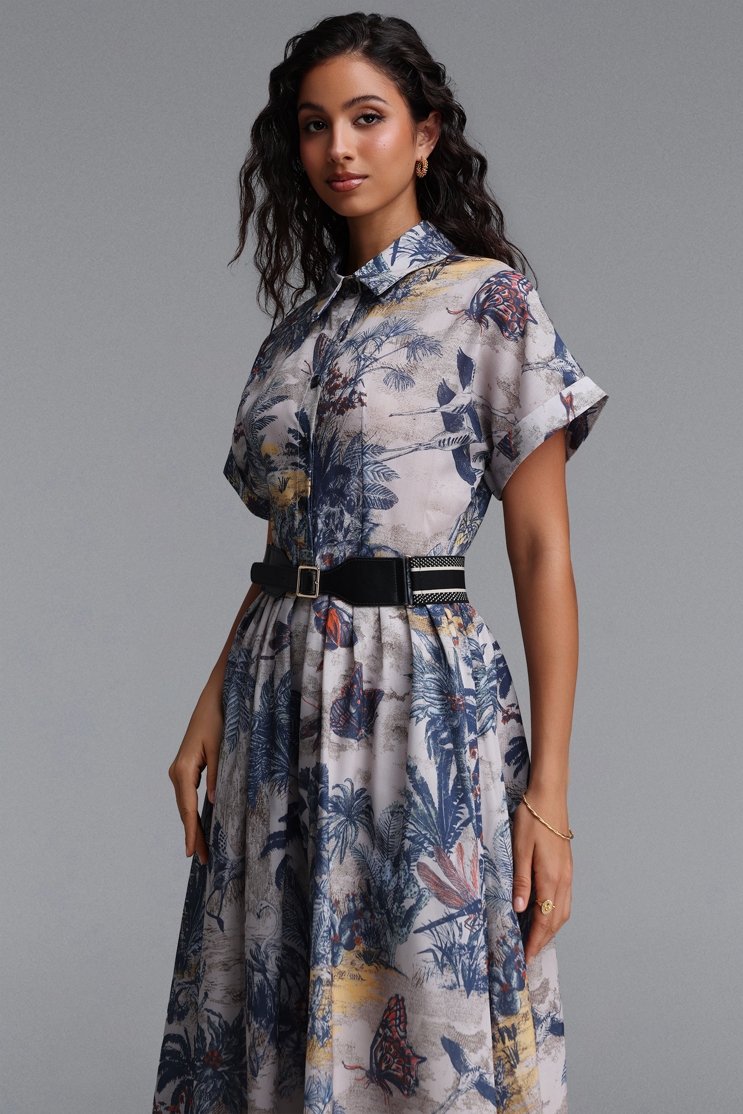 Uerzay Vintage Tailored Short Sleeve Floral Print Woven Maxi Dress