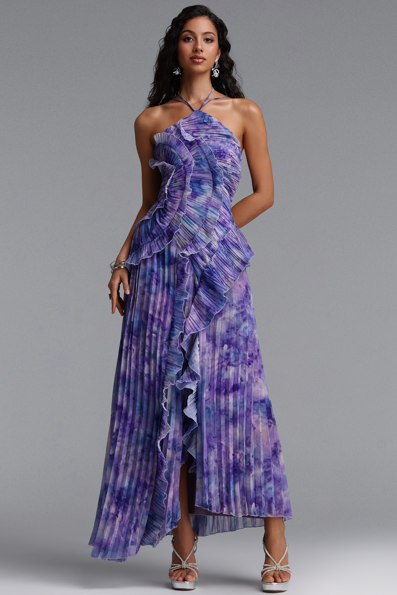 Elleri Resort Flowy Sleeveless Pleated Ruffle Floral Print Woven Purple Maxi Dress