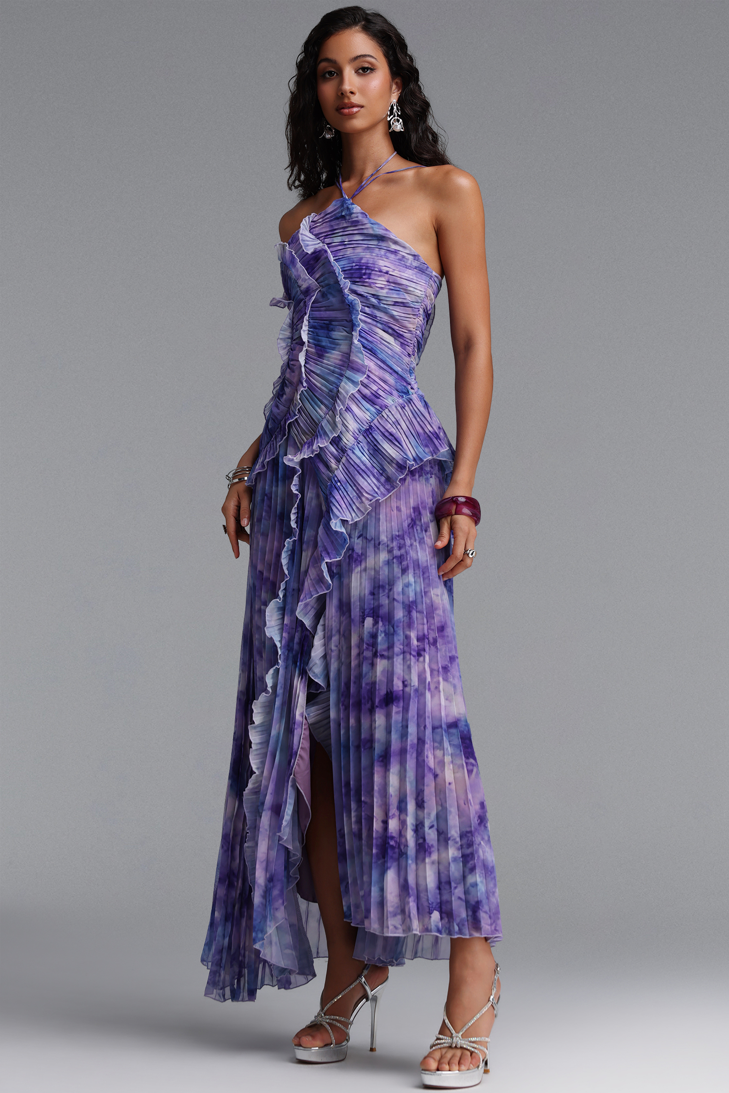 Elleri Resort Flowy Sleeveless Pleated Ruffle Floral Print Woven Purple Maxi Dress