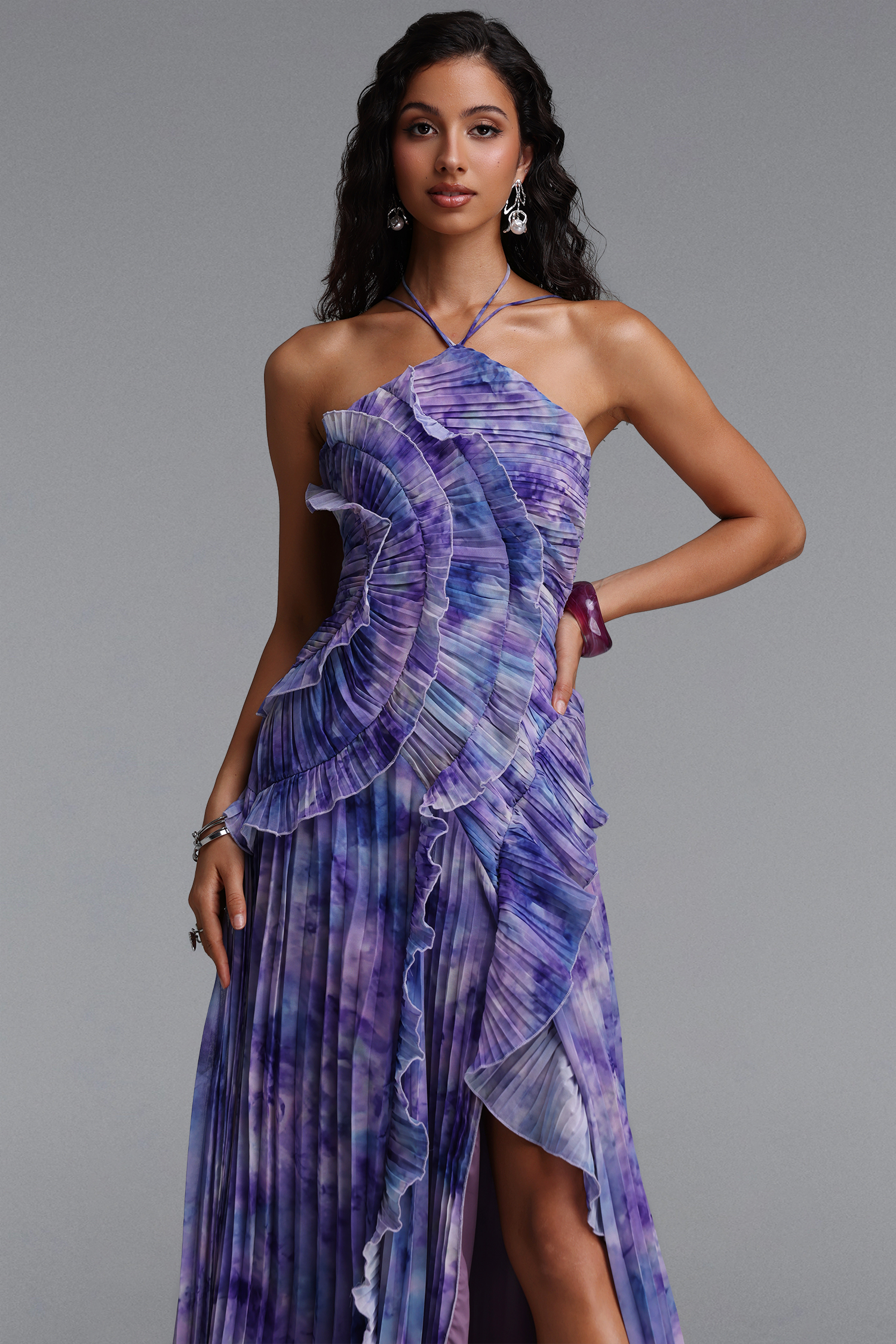 Elleri Resort Flowy Sleeveless Pleated Ruffle Floral Print Woven Purple Maxi Dress