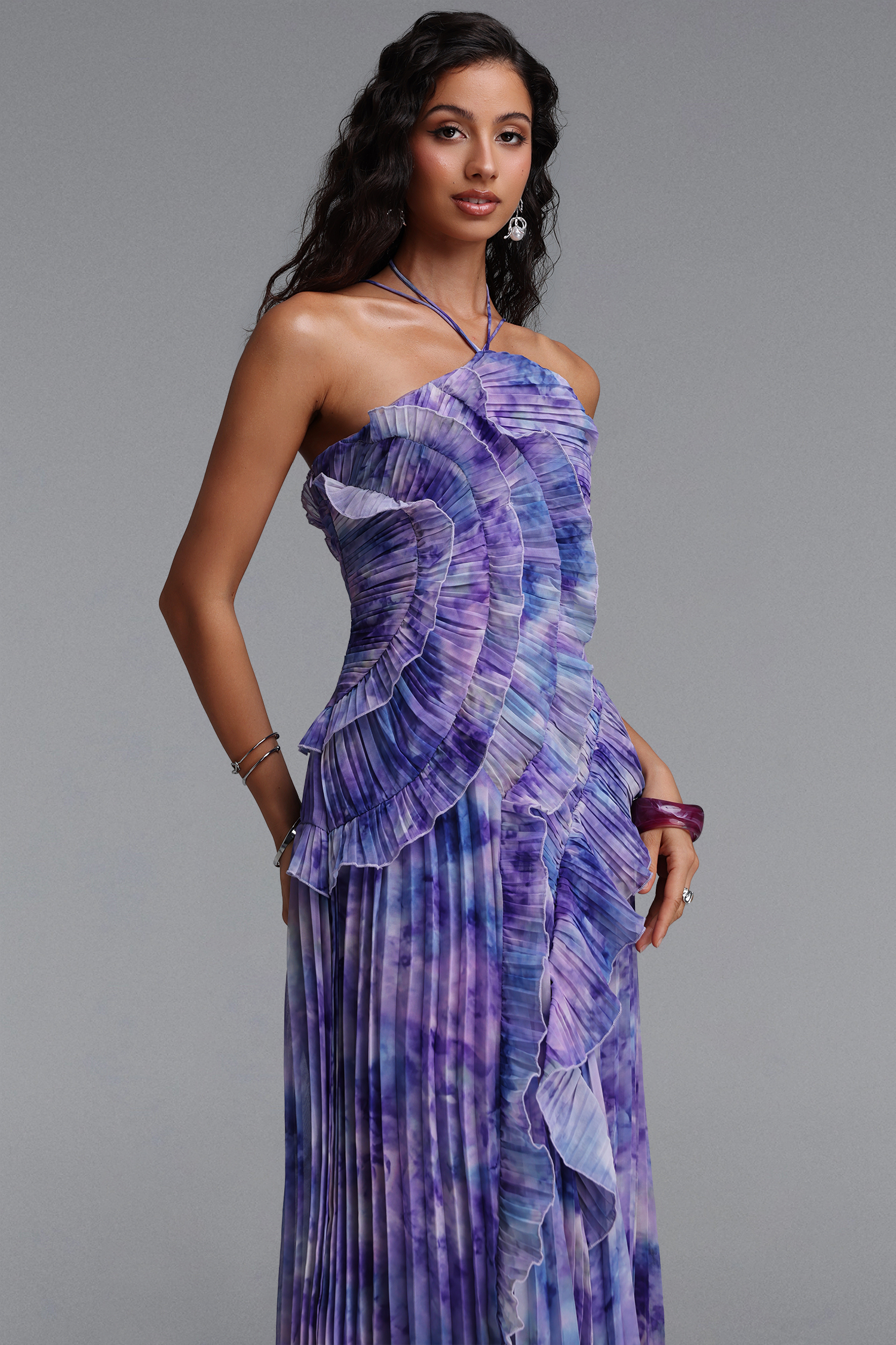 Elleri Resort Flowy Sleeveless Pleated Ruffle Floral Print Woven Purple Maxi Dress