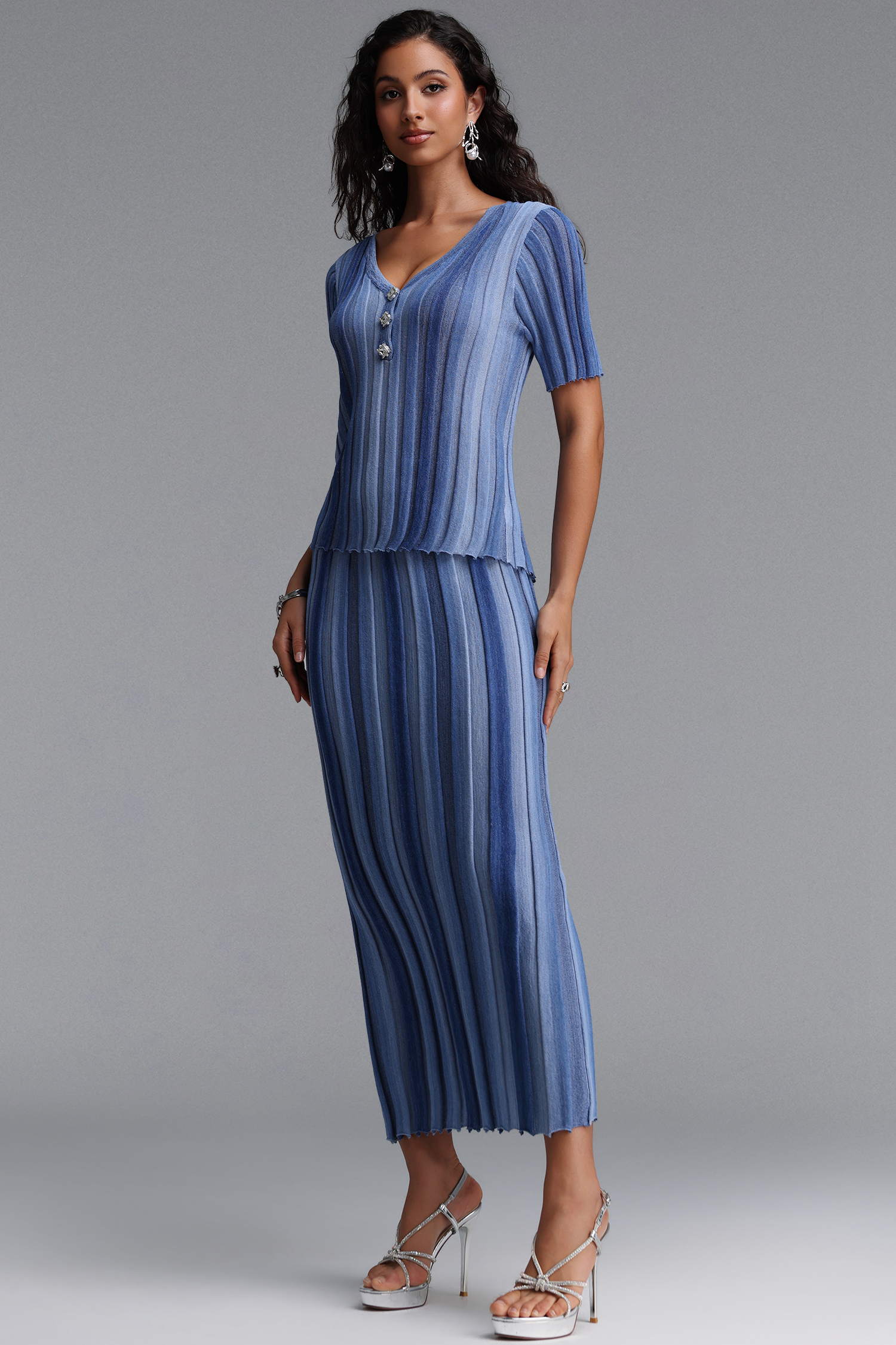 Sergio Vintage Contour Short Sleeve Striped Knit Maxi Dress