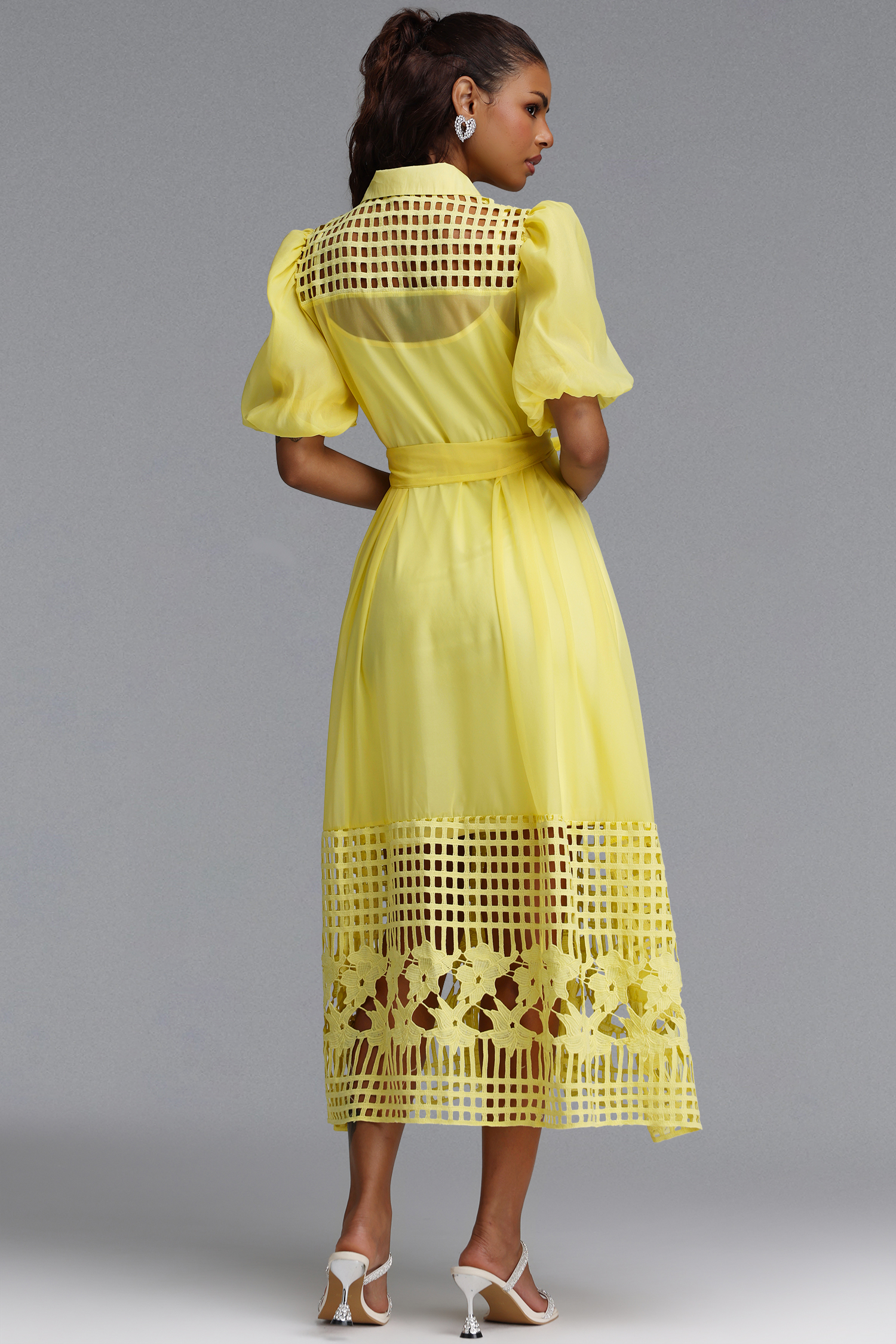 Delilah Resort Flowy Puff Sleeve Rhinestone Cut Out Yellow Woven Maxi Dress