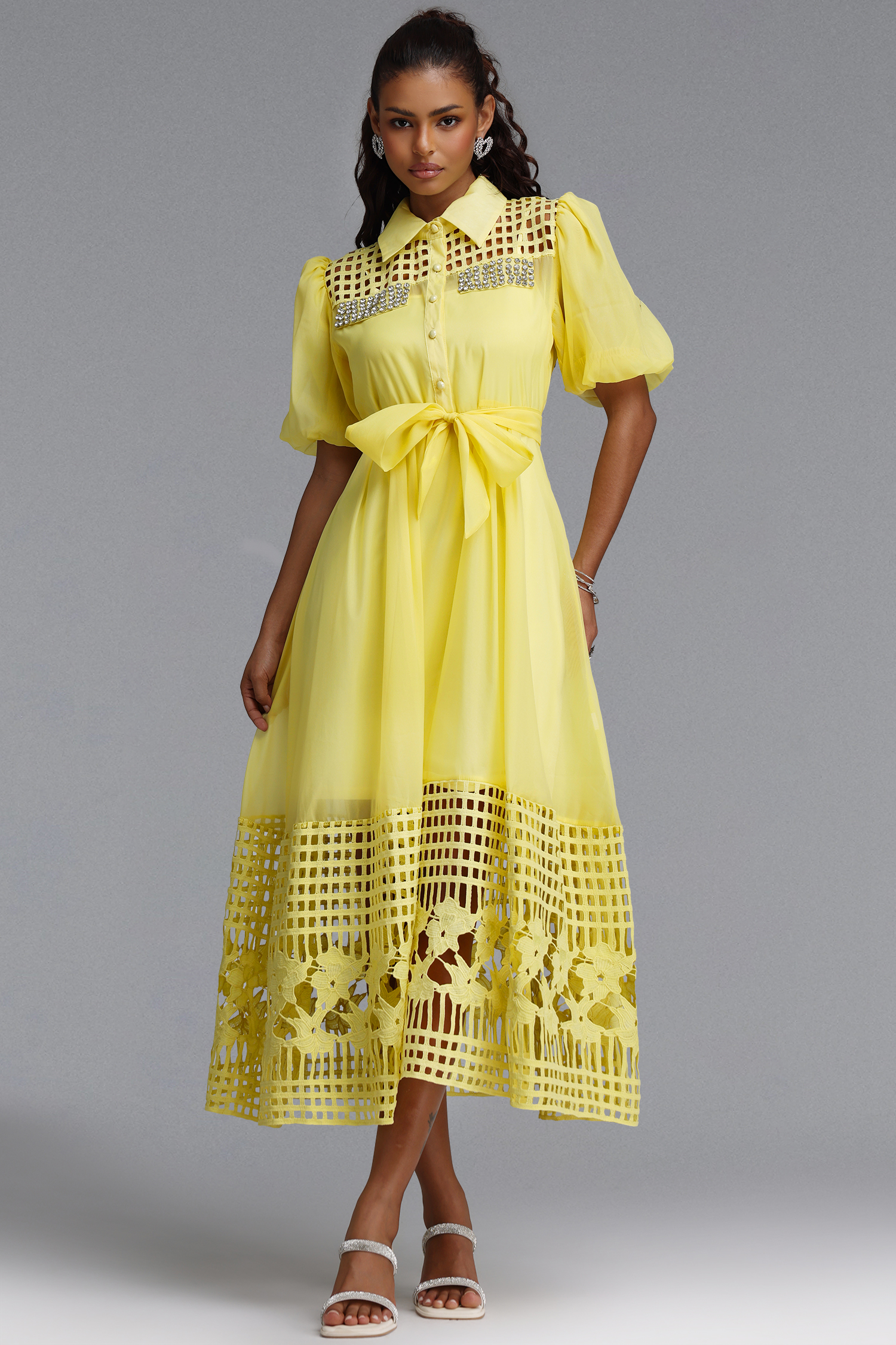 Delilah Resort Flowy Puff Sleeve Rhinestone Cut Out Yellow Woven Maxi Dress