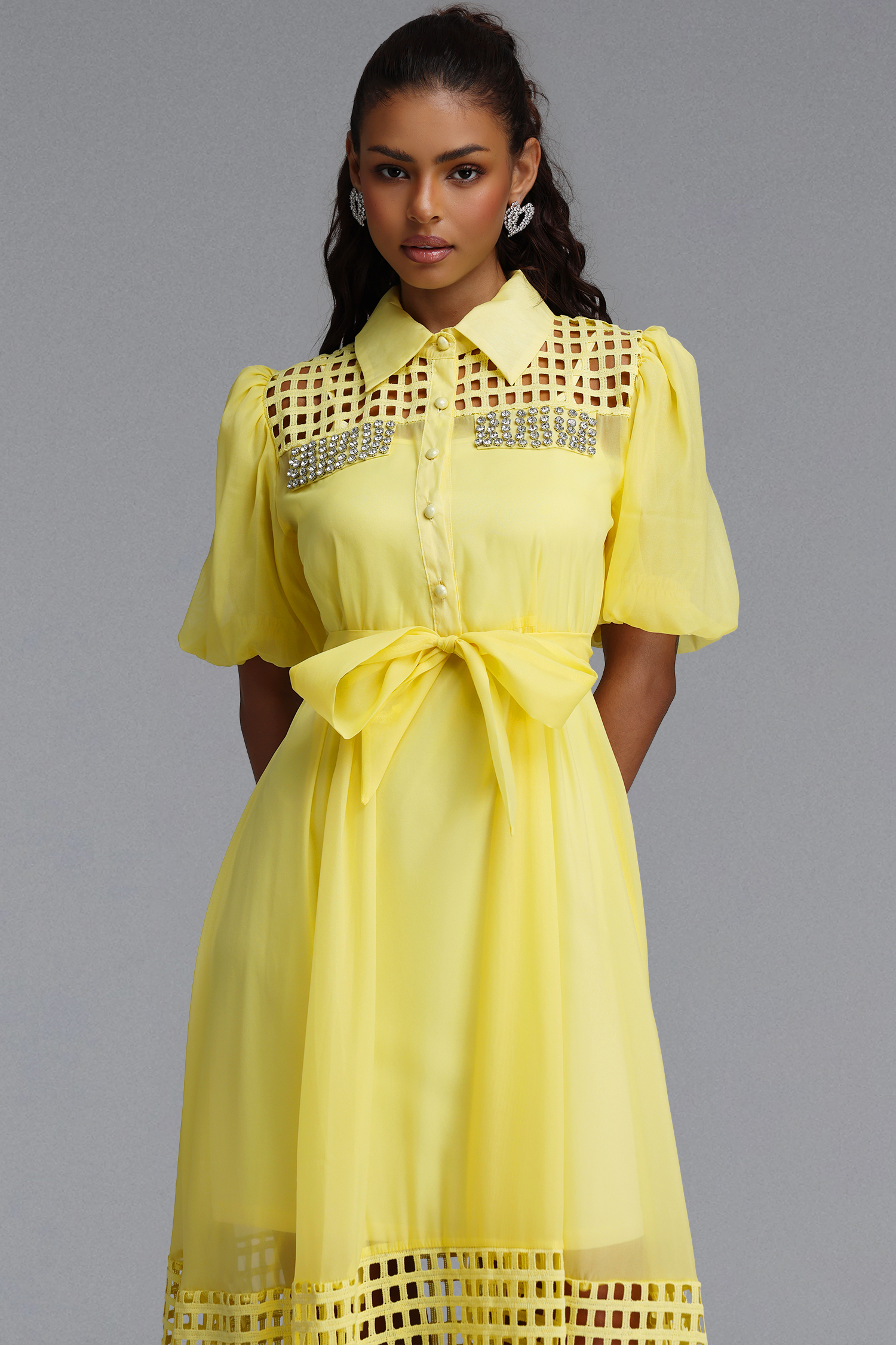 Delilah Resort Flowy Puff Sleeve Rhinestone Cut Out Yellow Woven Maxi Dress