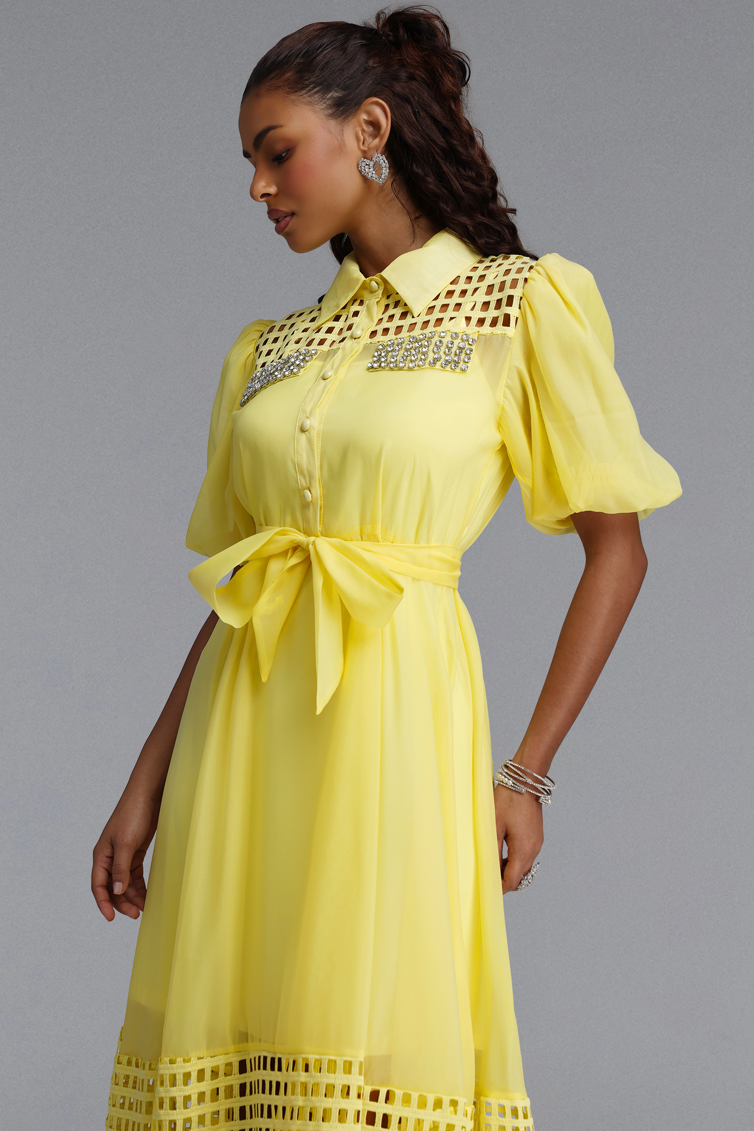 Delilah Resort Flowy Puff Sleeve Rhinestone Cut Out Yellow Woven Maxi Dress