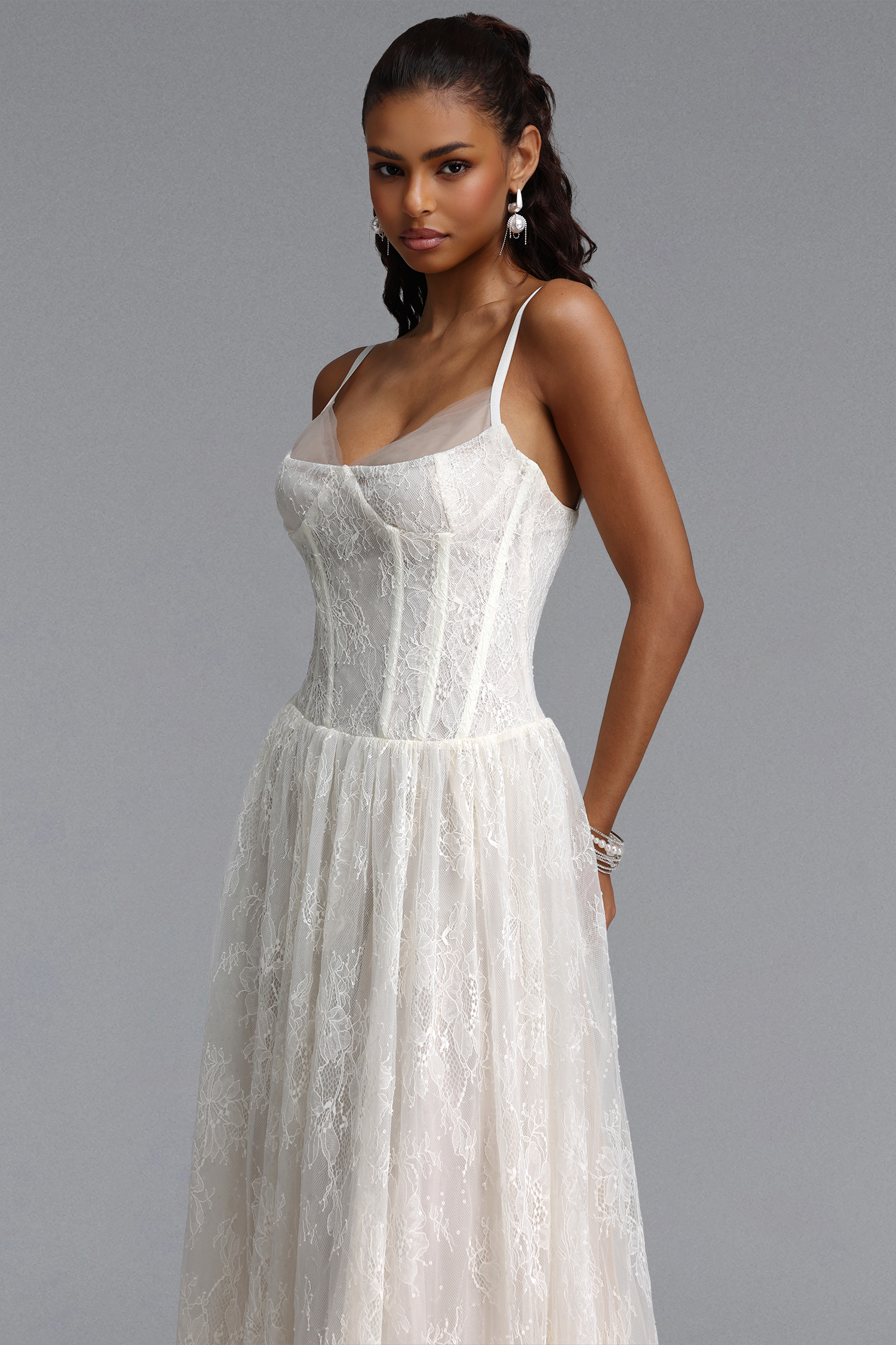 Ingrid Romantic Flowy Spaghetti Strap Floral Lace Maxi Dress