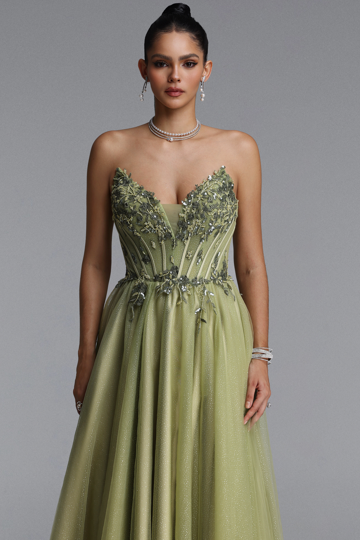 Naida Elegant Strapless Corset Floral Glitter Tulle Green Maxi Dress