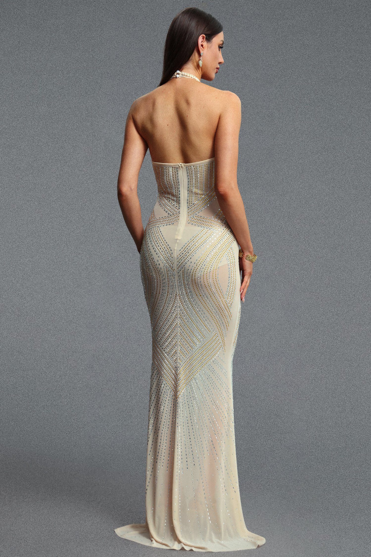 Zelda Gorgeous Halter Sleeveless Rhinestone Stretch Knit Maxi Dress