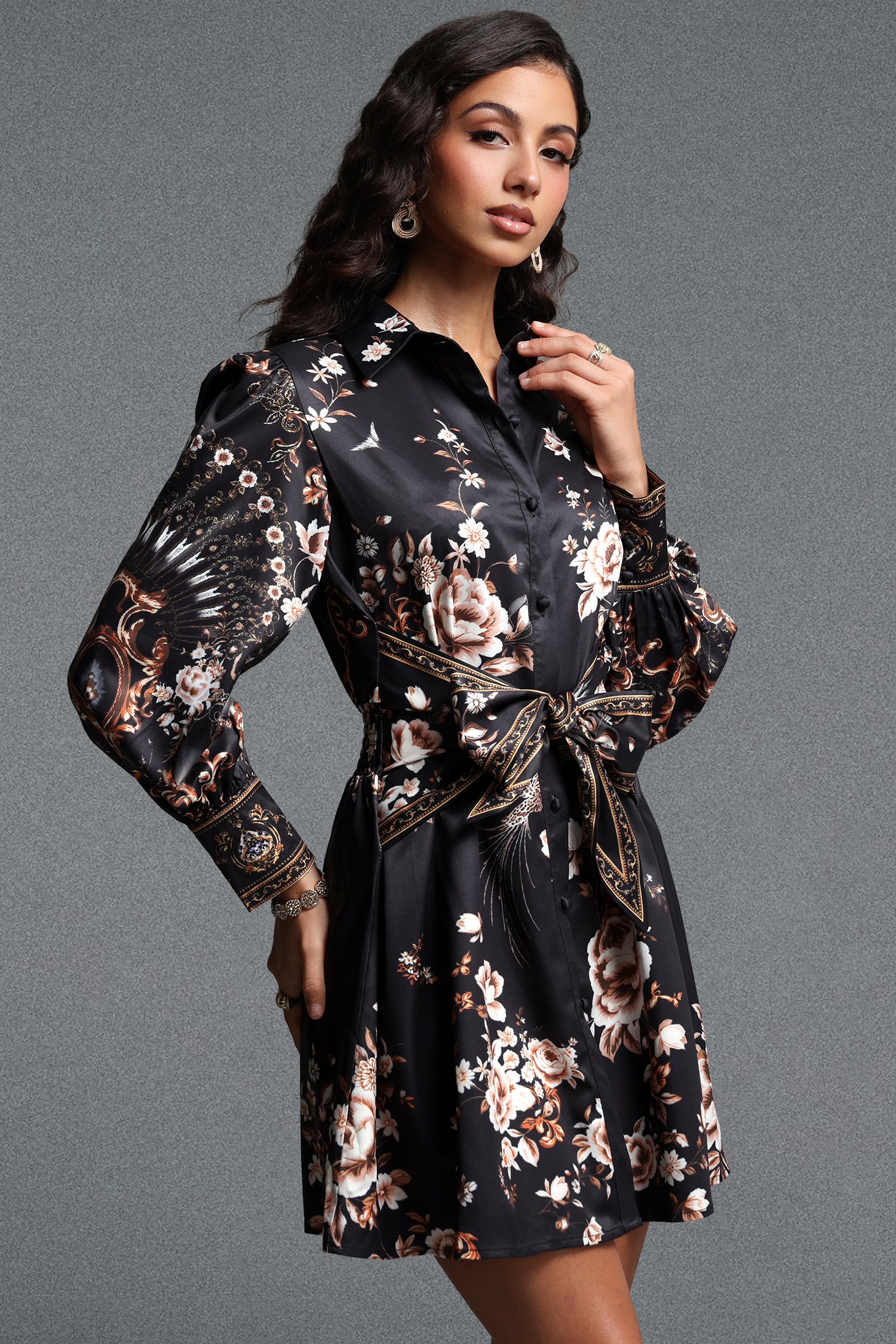 Tutuni Romantic Tailored Long Sleeve Floral Print Woven Mini Dress